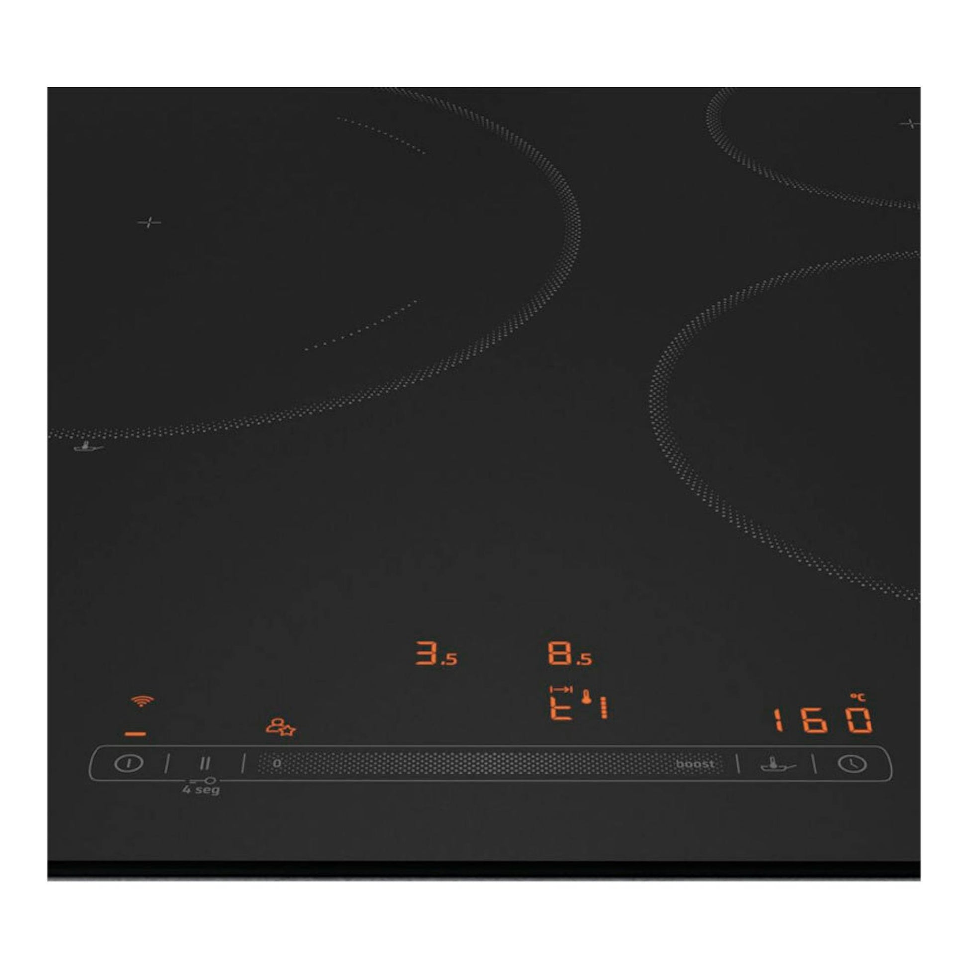 Placa de inducción Balay 3EB965MH negra, vista frontal, con mandos táctiles y display naranja.