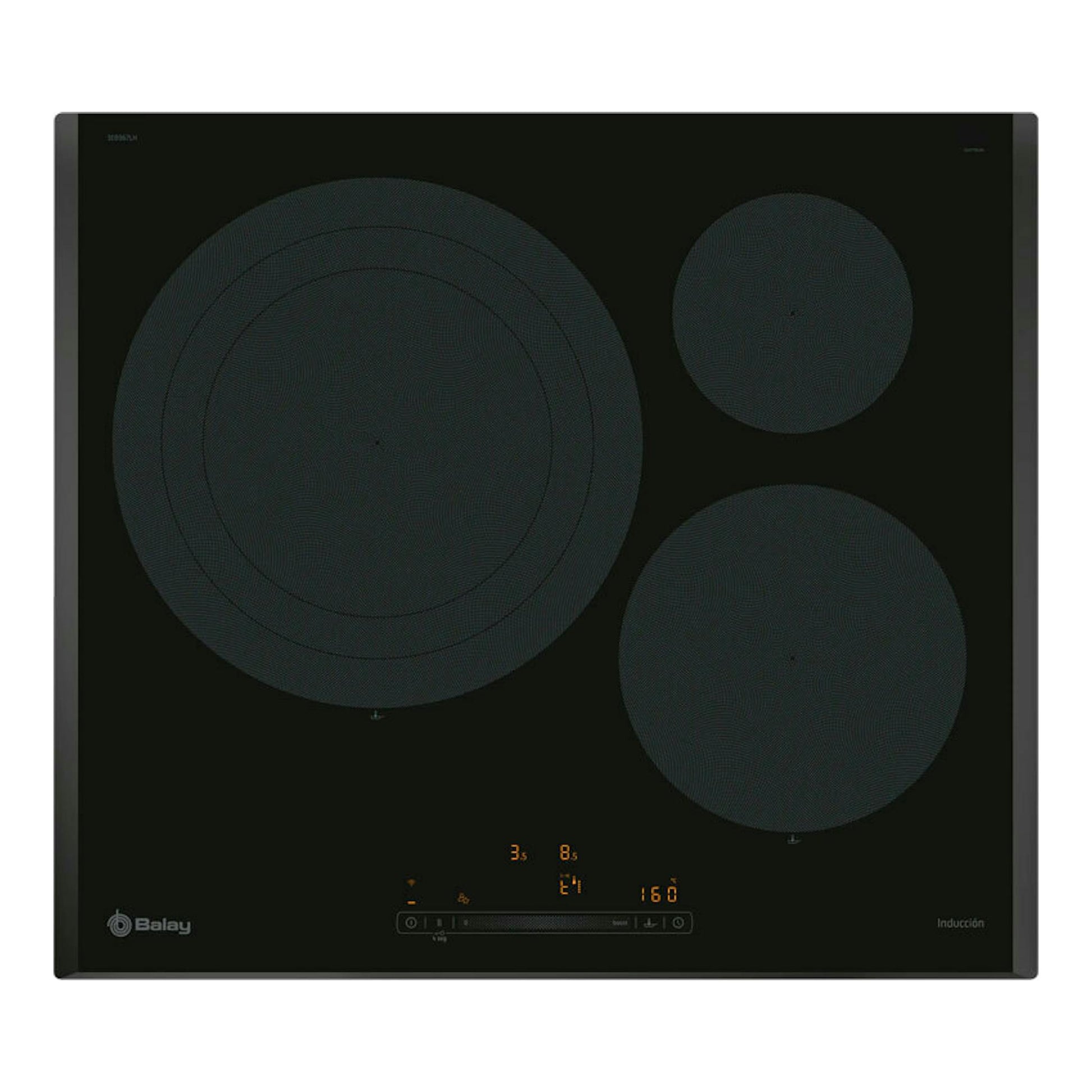 Placa de inducción Balay 3EB967LH negra, vista frontal, con tres zonas de cocción circulares.