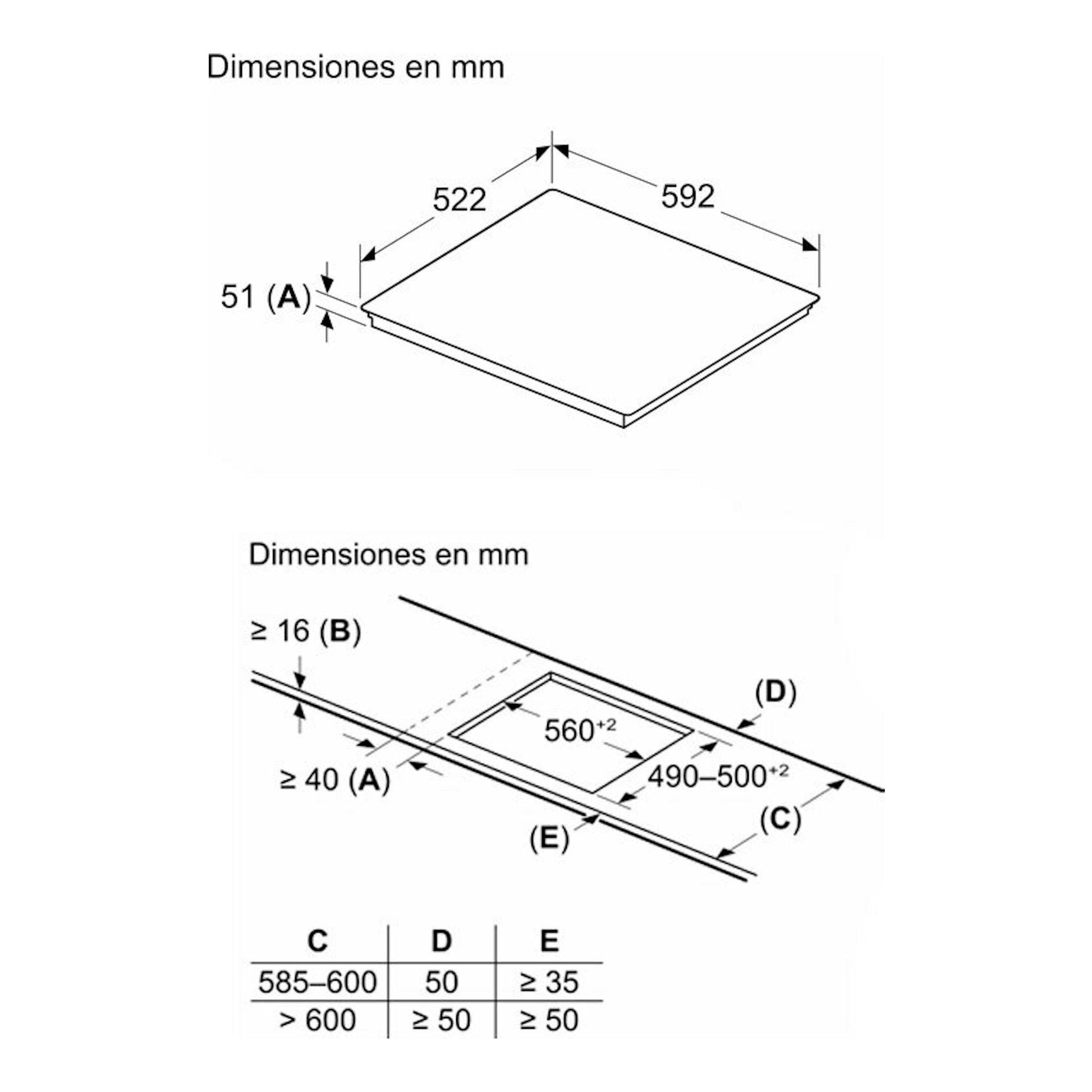 Diagrama de dimensiones de placa inducción Balay 3EB967LH, vista superior y recorte de encastre en mm.
