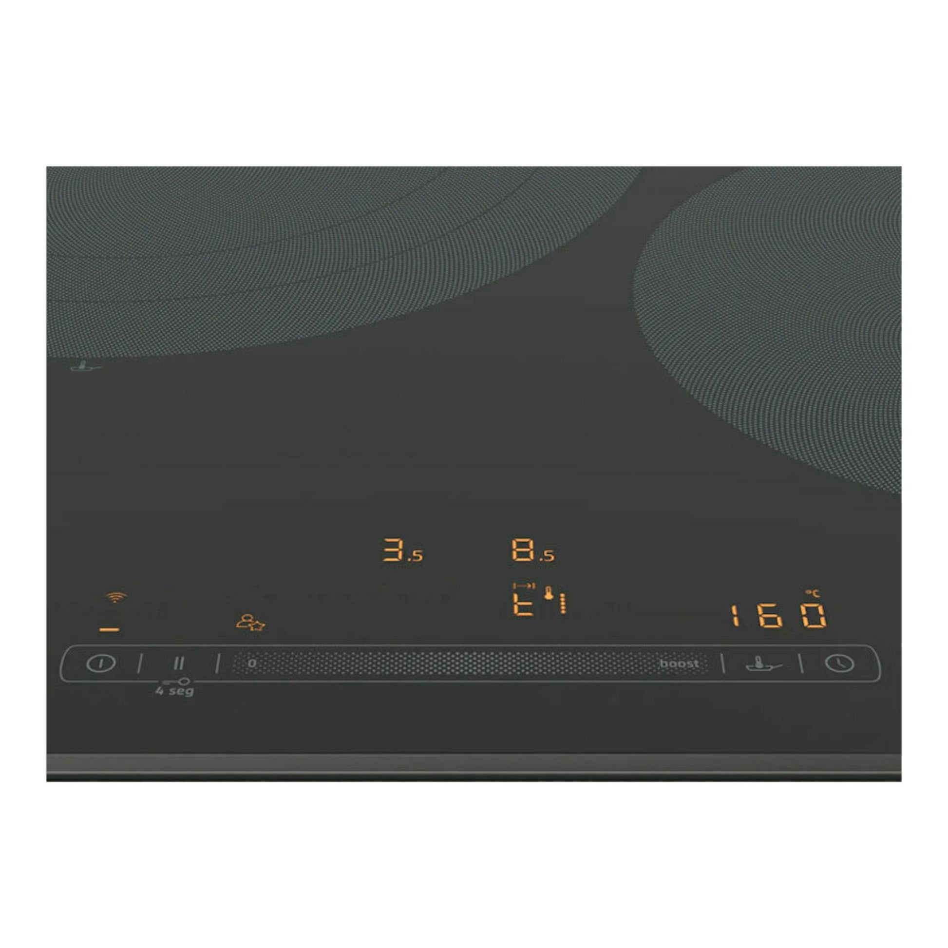 Placa de inducción Balay 3EB967LH negra, vista frontal, con controles táctiles y cifras naranjas.