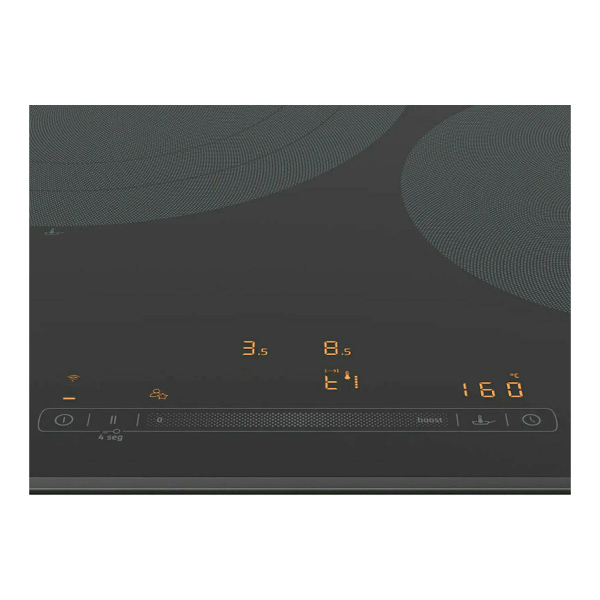 Placa de inducción Balay 3EB967LH negra, vista frontal, con controles táctiles y cifras naranjas.