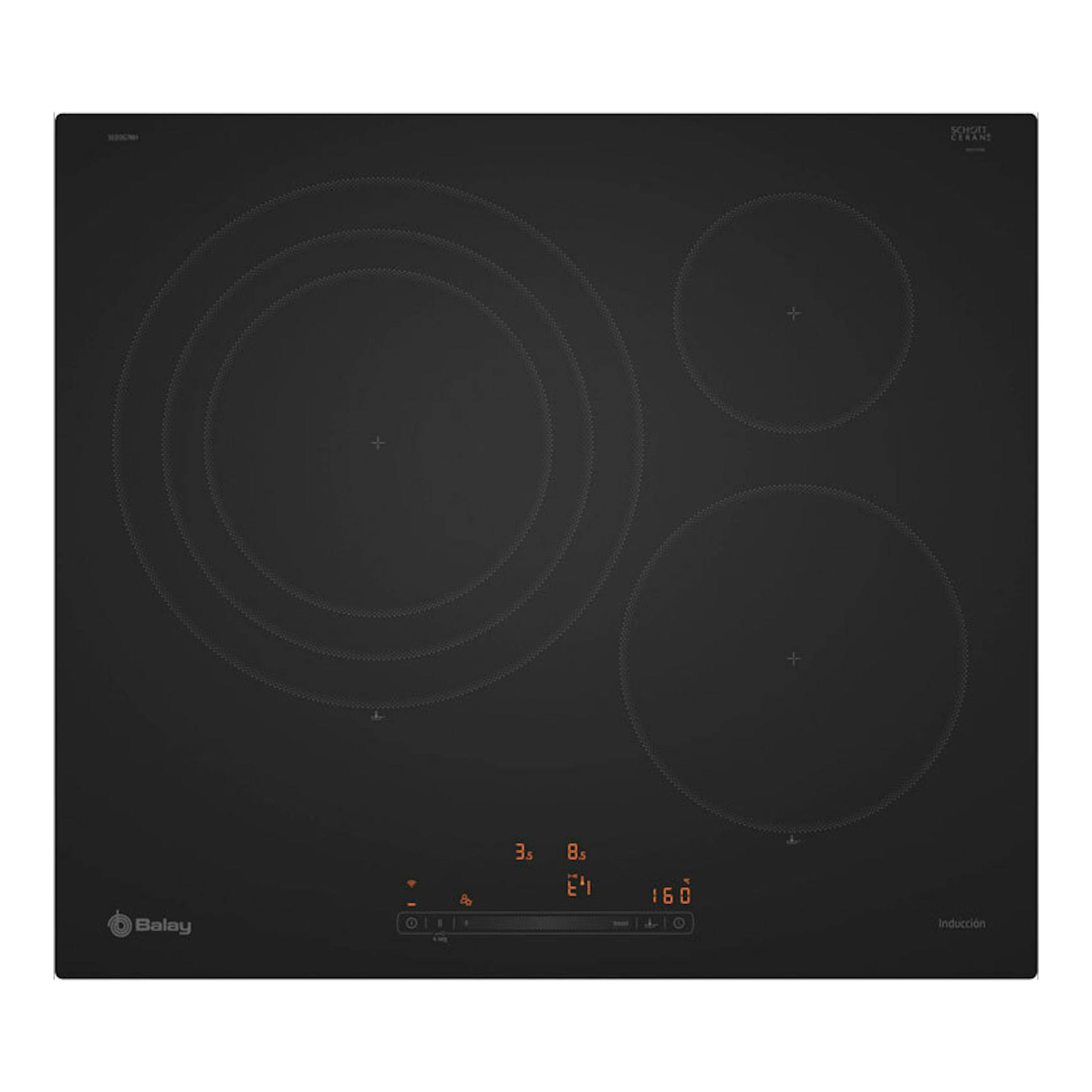 Placa de inducción Balay 3EB967MH negra, vista cenital, con tres zonas y mandos táctiles iluminados.