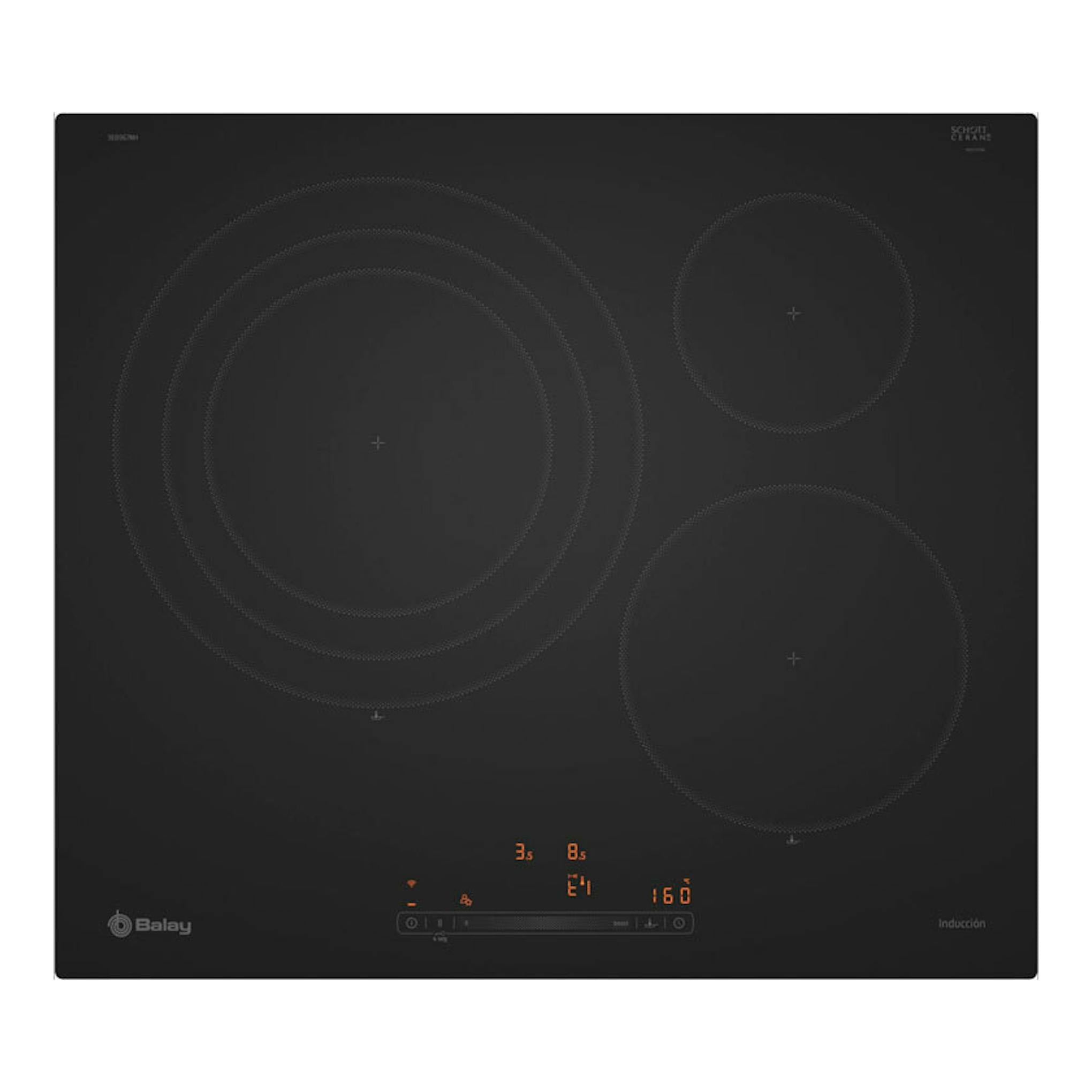 Placa de inducción Balay 3EB967MH negra, vista cenital, con tres zonas y mandos táctiles iluminados.