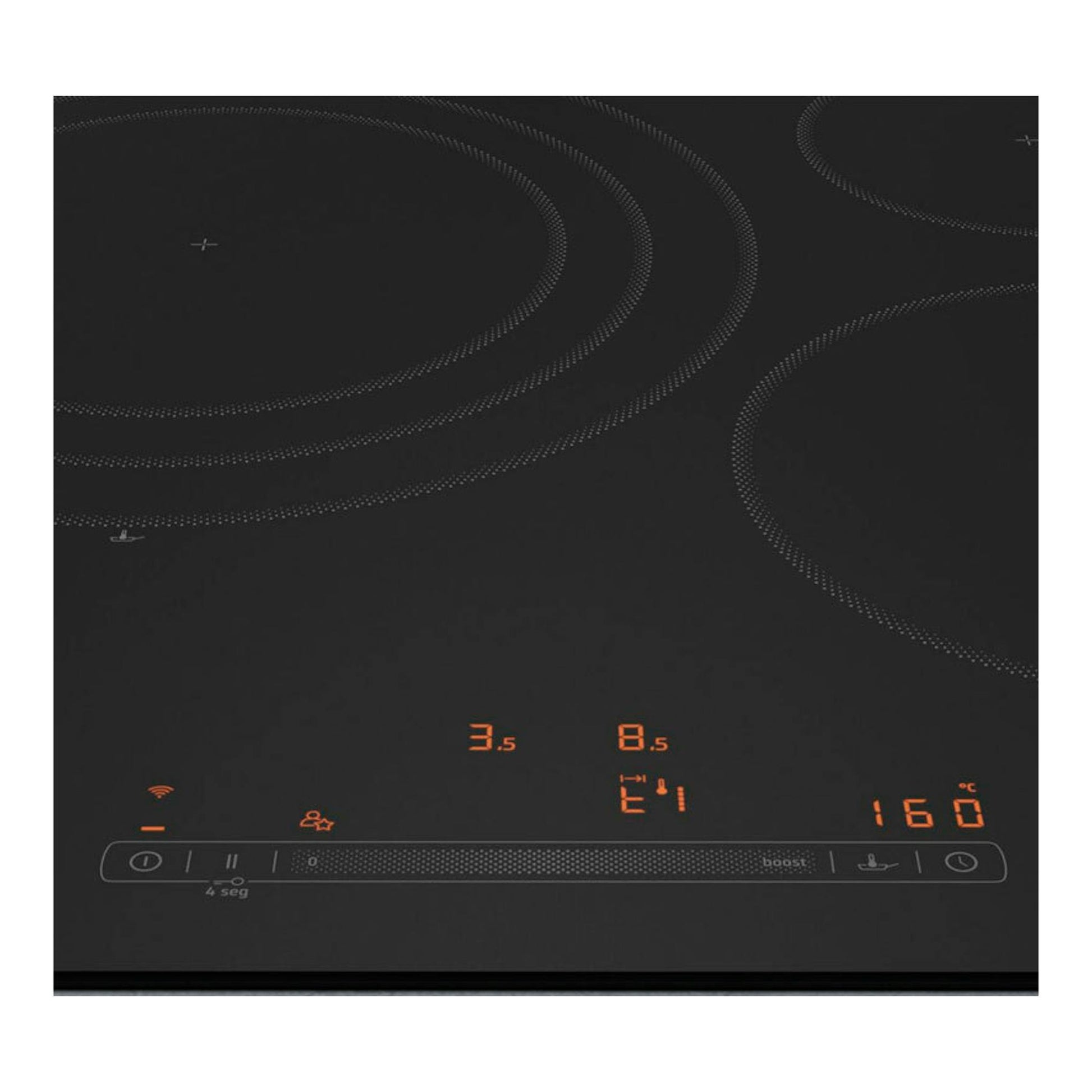 Placa de inducción Balay 3EB967MH negra, vista frontal, con mandos táctiles y display naranja.