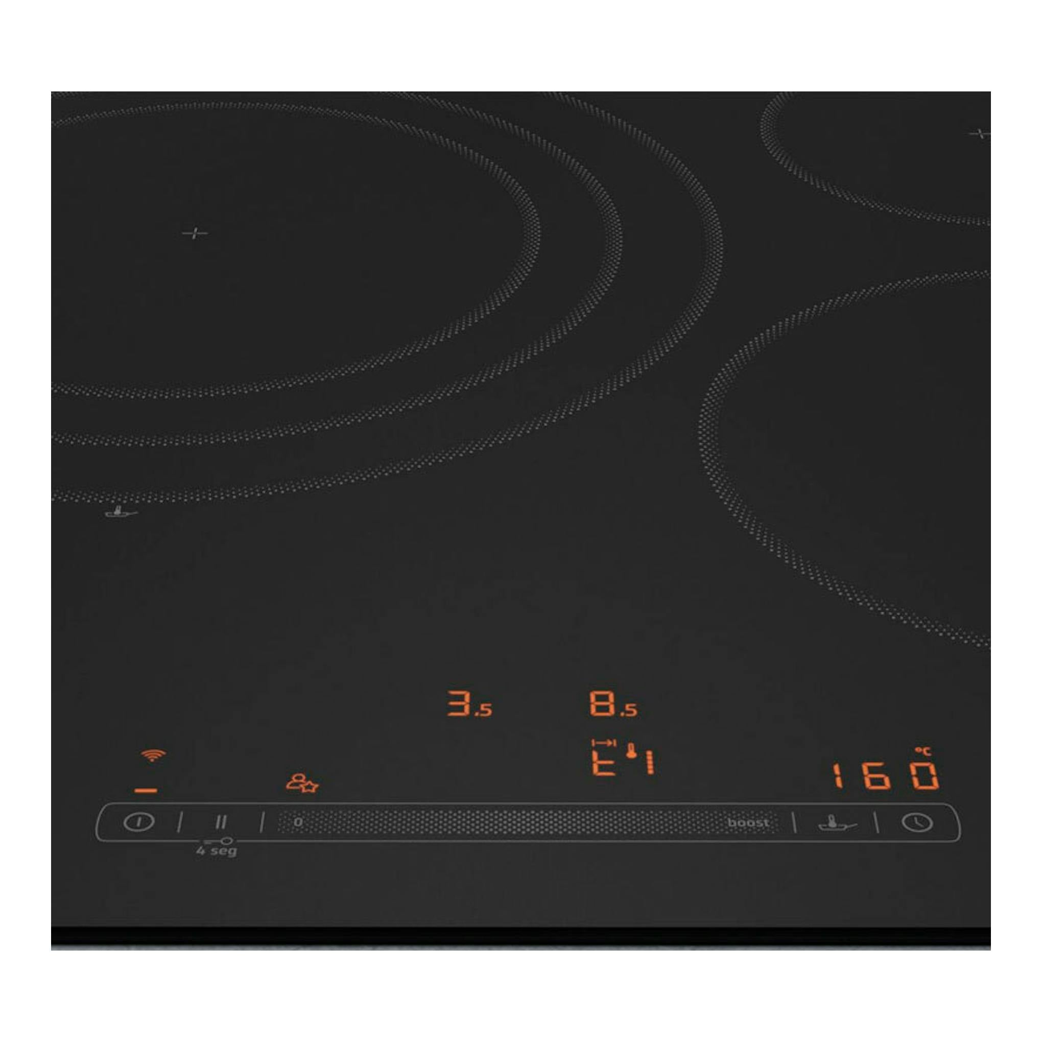 Placa de inducción Balay 3EB967MH negra, vista frontal, con mandos táctiles y display naranja.