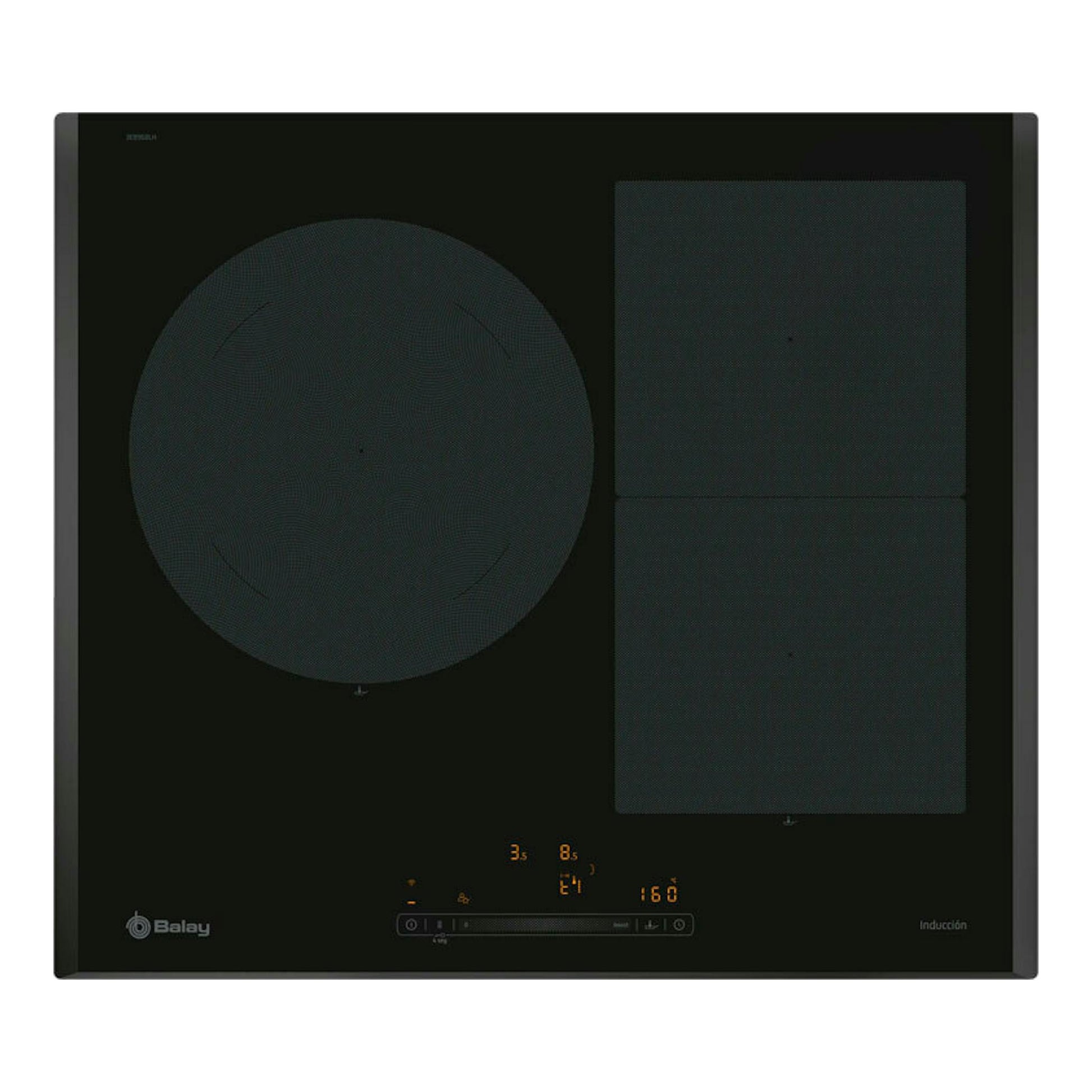 Placa de inducción Balay 3EB968LH negra, vista frontal, con una zona circular y dos rectangulares.