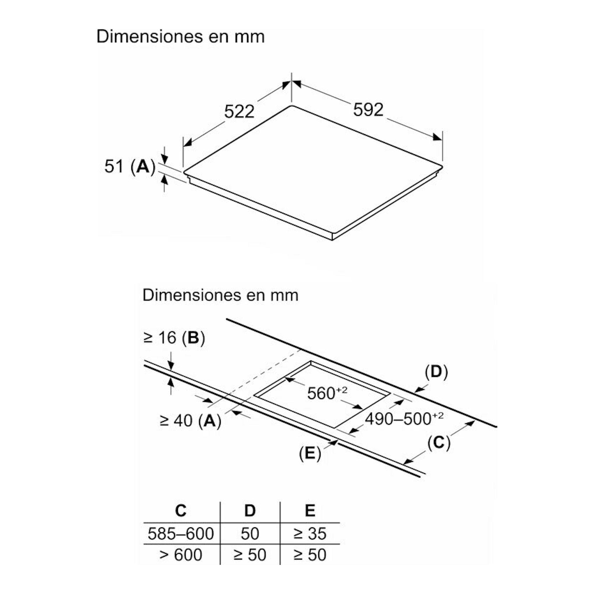 Diagrama en blanco y negro de placa de inducción Balay 3EB968LH, vista isométrica, con medidas 592 x 522 mm.