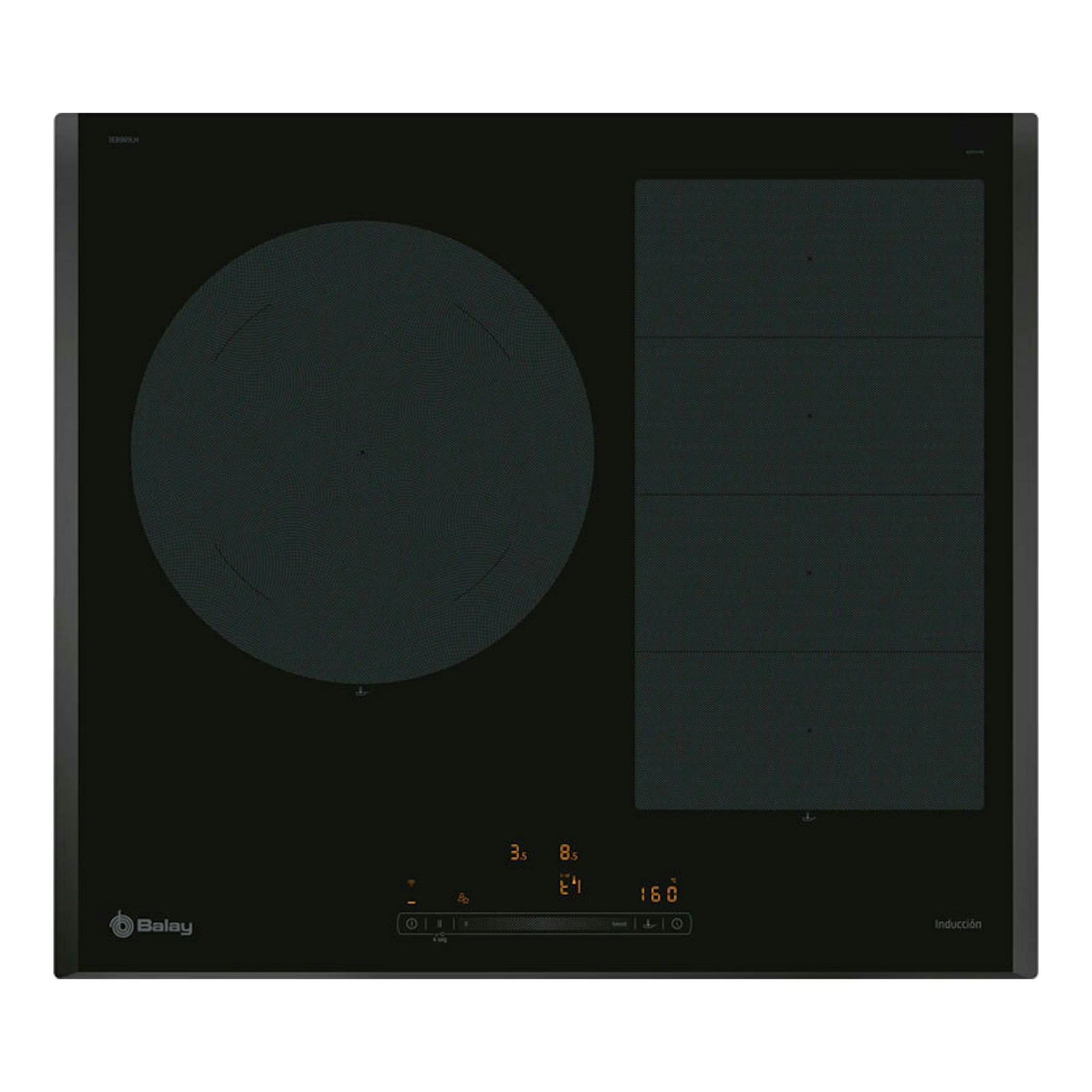 Placa de inducción Balay 3EB969LH negra, vista frontal, con una zona redonda y cuatro rectangulares.