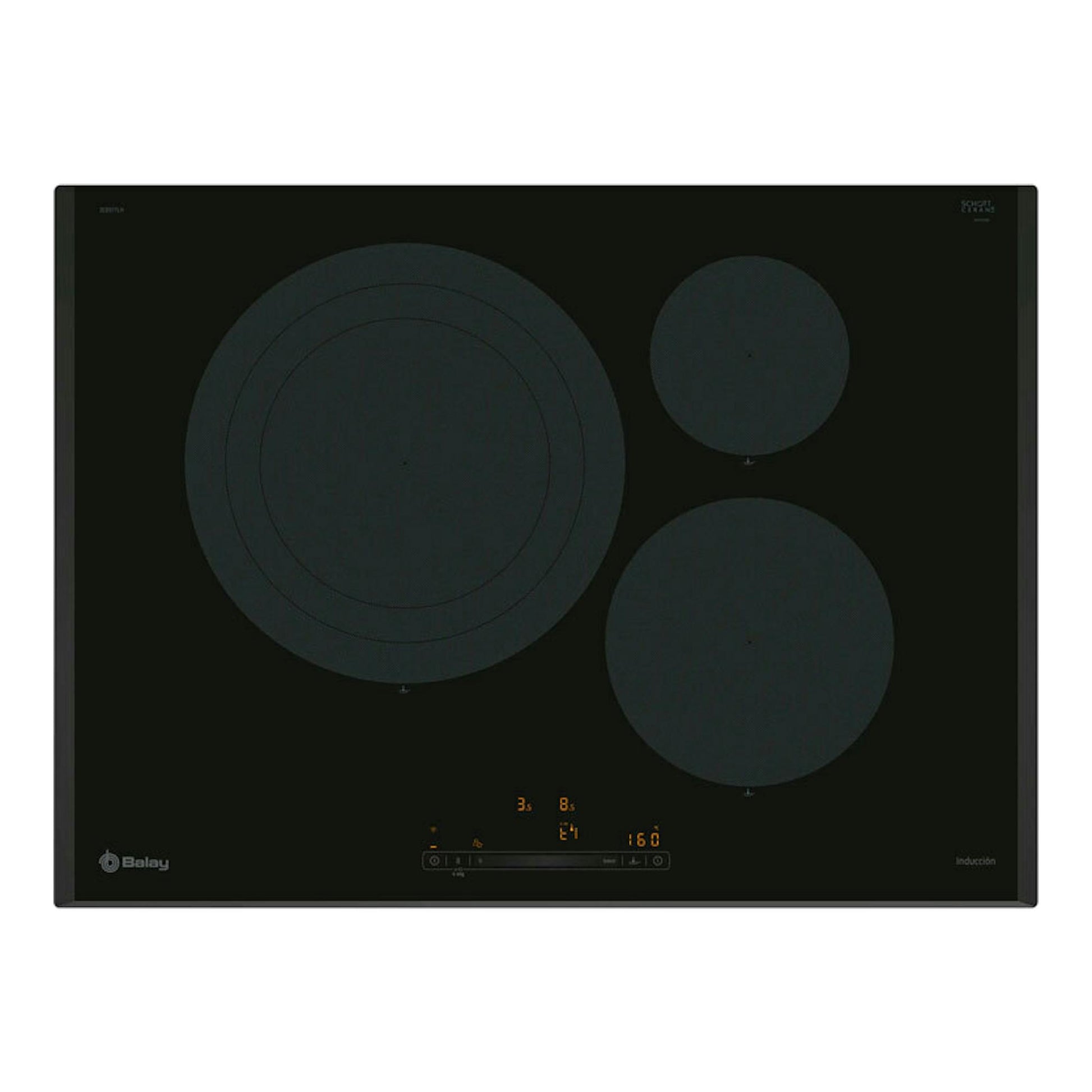 Placa de inducción Balay 3EB977LH negra, vista frontal, con cuatro zonas de cocción.