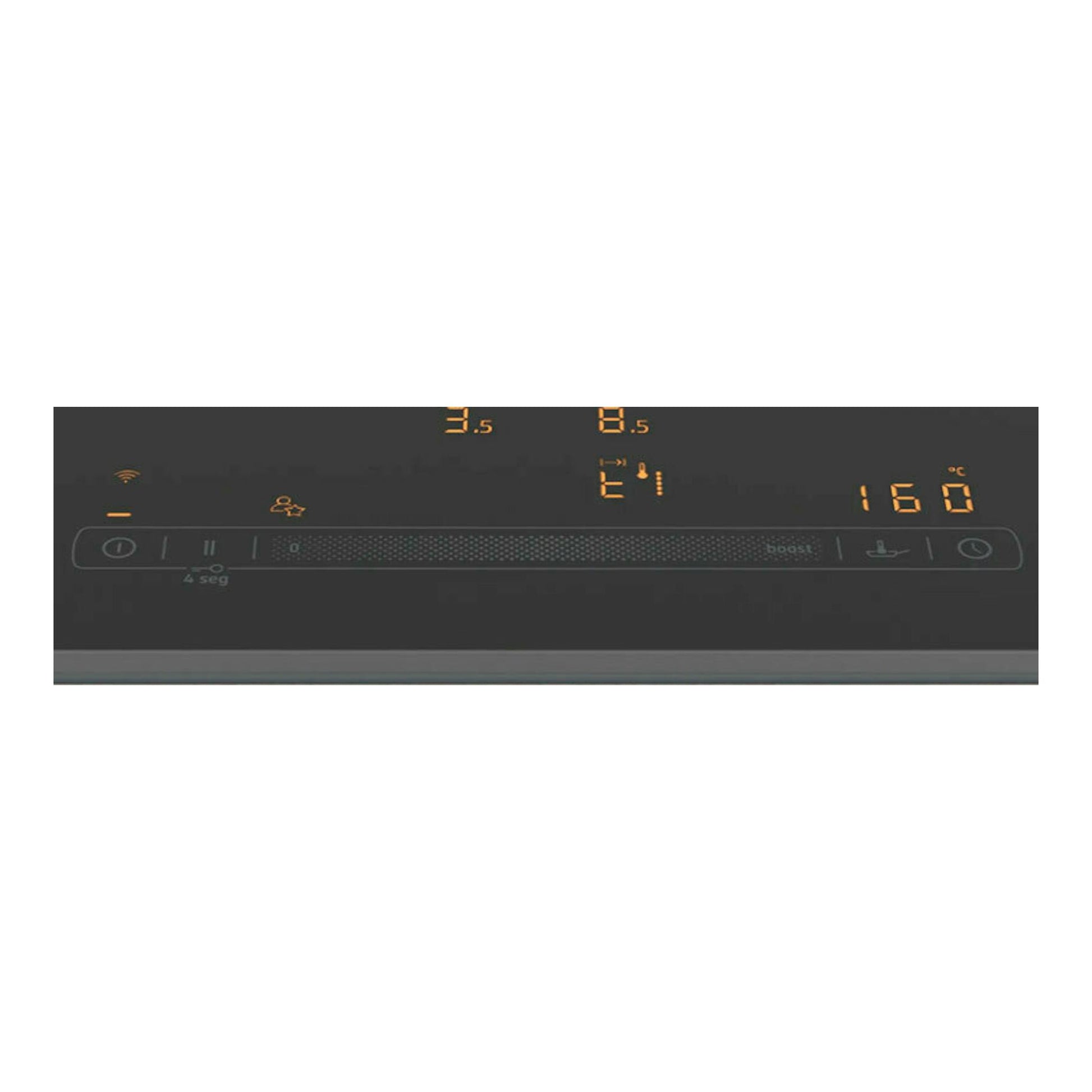 Placa de inducción Balay 3EB977LH negra, vista frontal superior con mandos táctiles y display naranja.