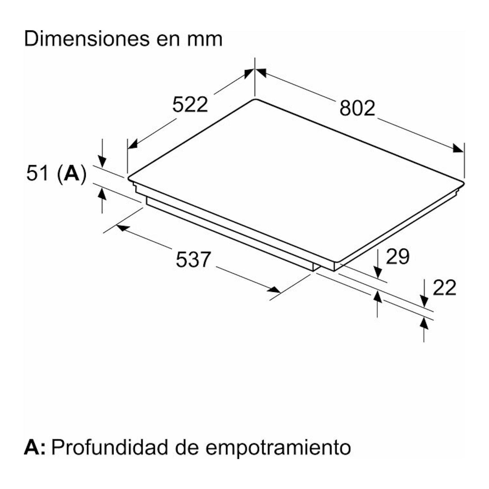 Diagrama en vista isométrica de placa de inducción Balay 3EB980AH, con medidas 802x522 mm y profundidad 51 mm.