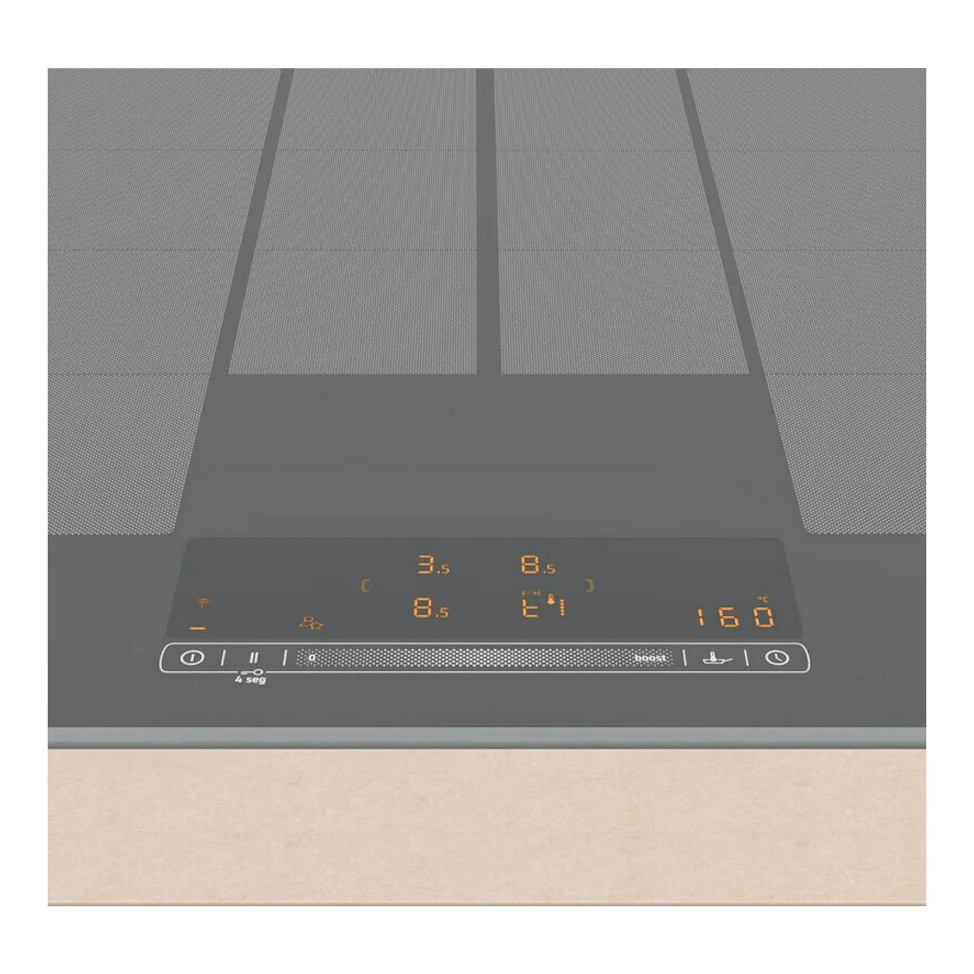 Placa de inducción Balay 3EB980AH de 80 cm, negra, vista superior, con mandos táctiles y display naranja.