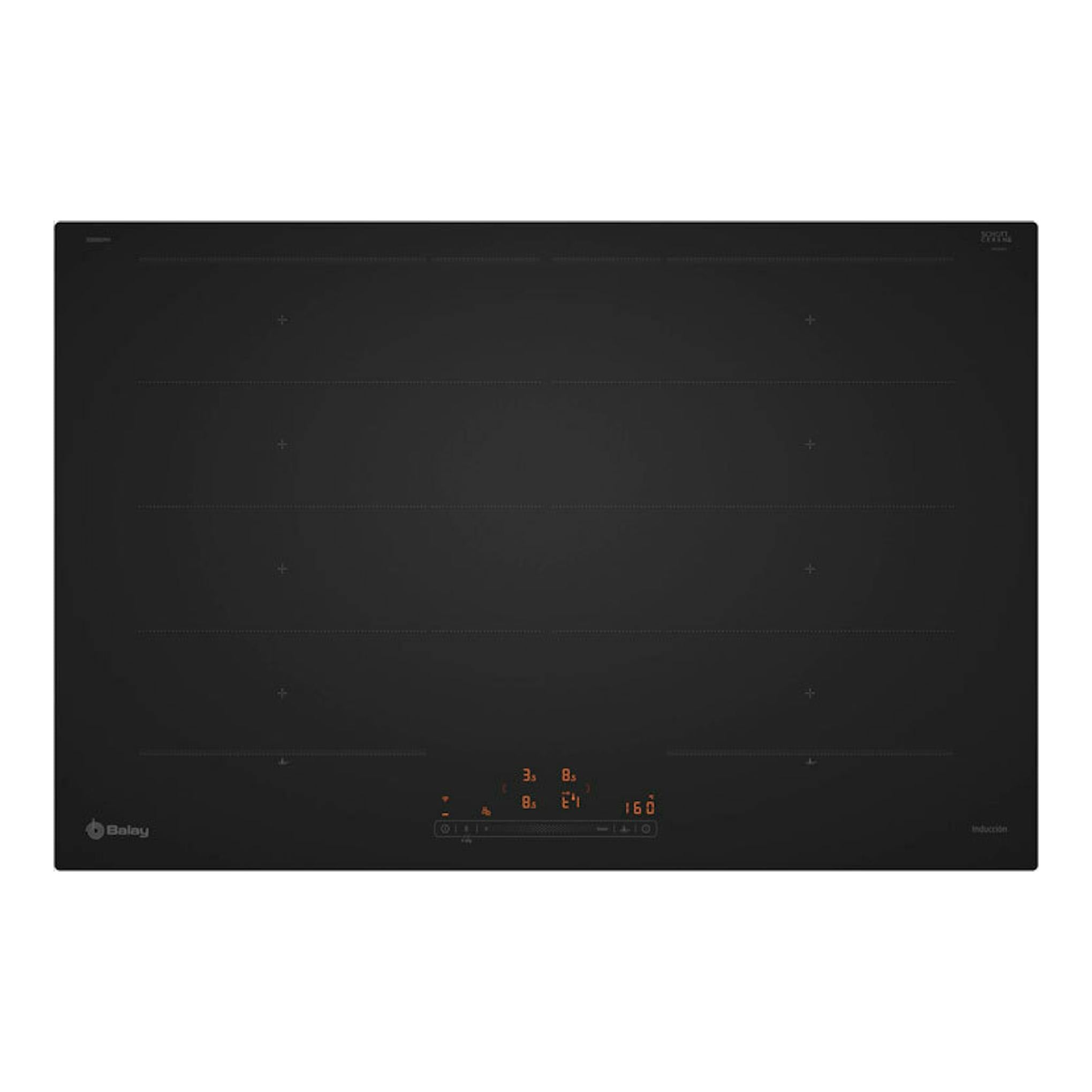 Placa de inducción Balay 3EB980MH negra, vista frontal, de 80 cm, con panel táctil iluminado.