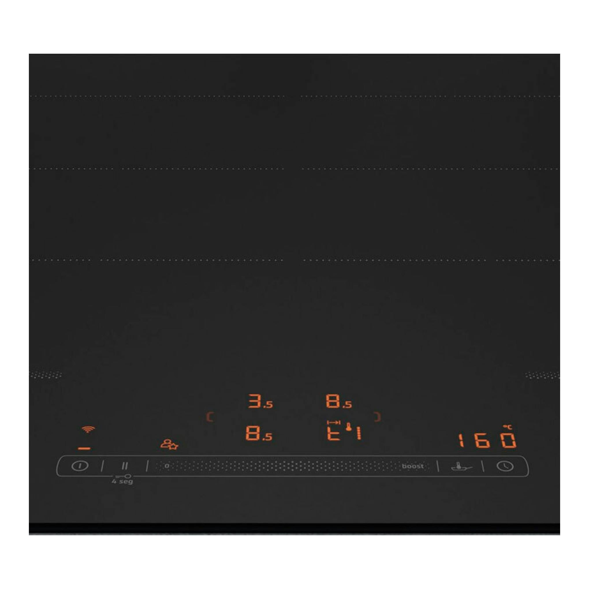 Placa de inducción Balay 3EB980MH negra, vista frontal, con mandos táctiles iluminados en naranja.