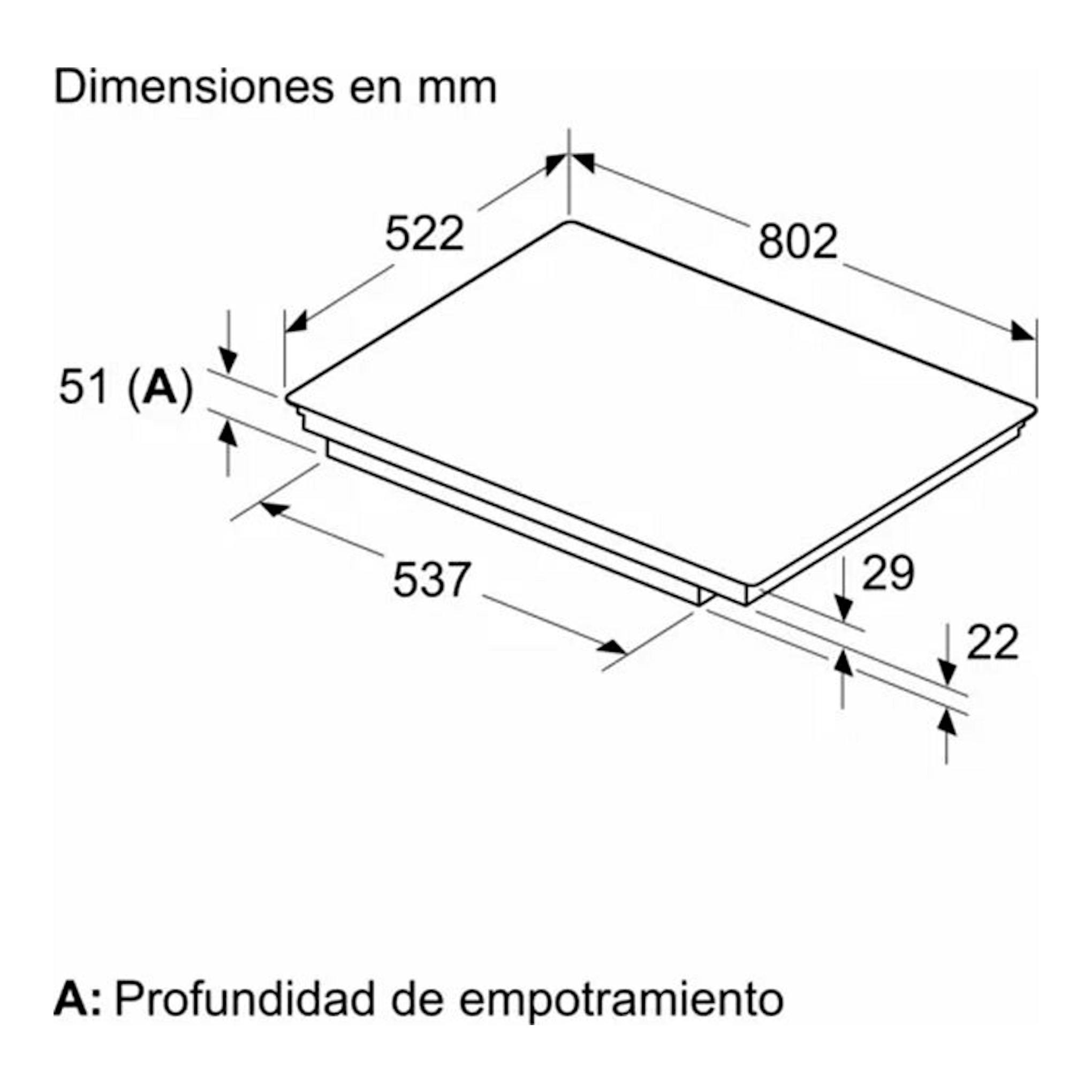 Diagrama de dimensiones de placa de inducción Balay 3EB985LH, vista isométrica en blanco, 802 x 522 mm.