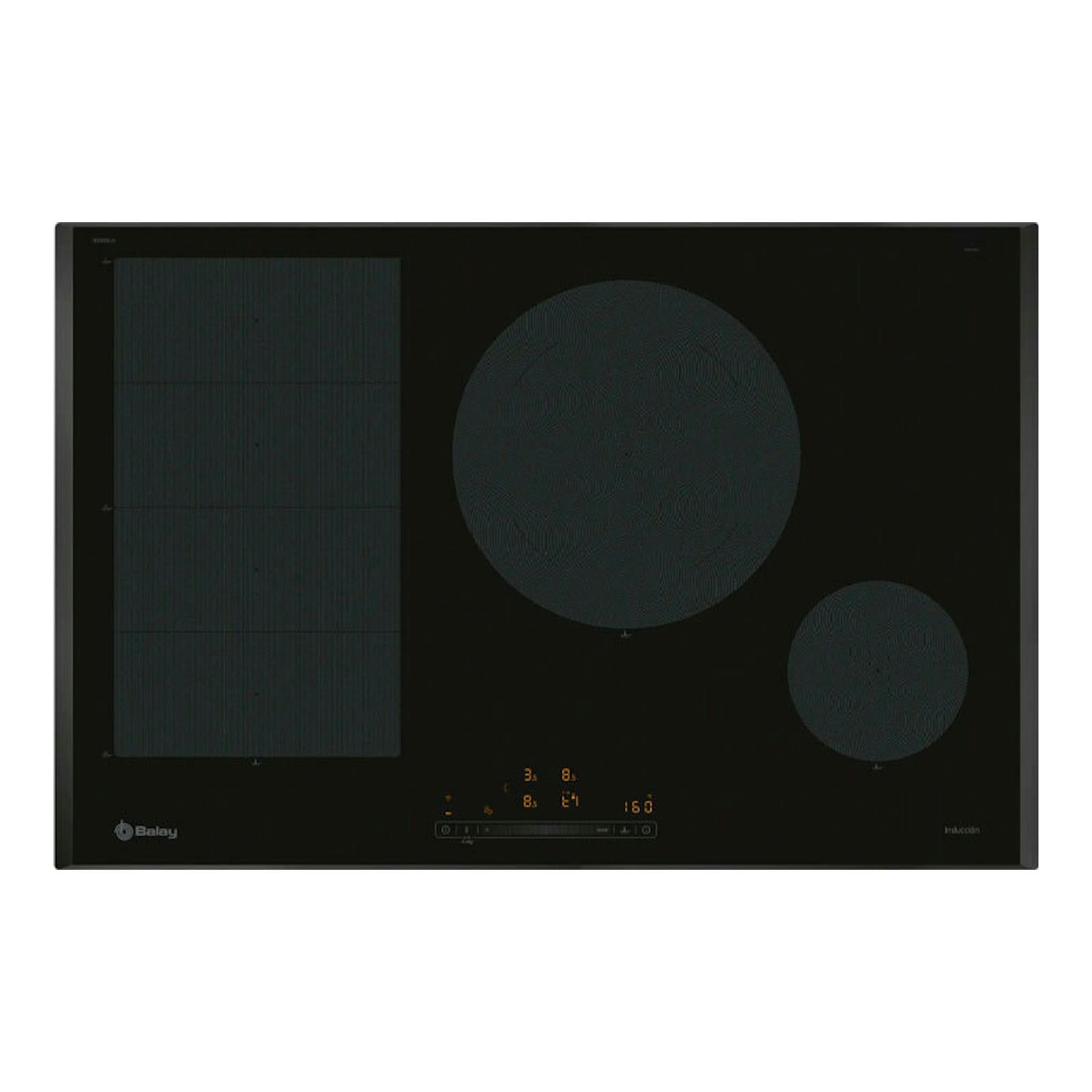 Placa de inducción Balay 3EB989LH negra, vista frontal, con tres zonas de cocción y panel táctil.