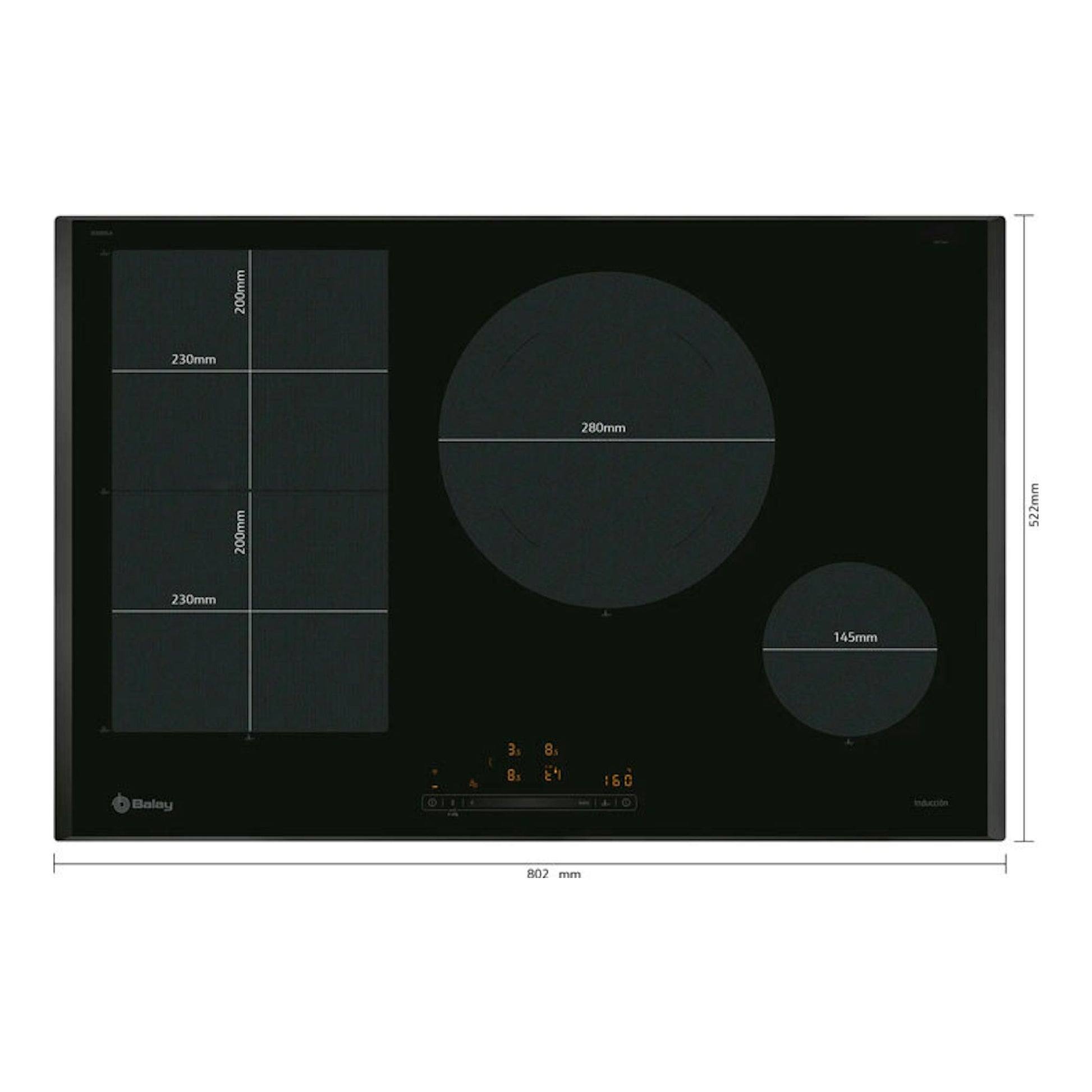 Placa de inducción Balay 3EB989LH negra, vista superior, 80 cm, con 3 zonas y medidas marcadas.