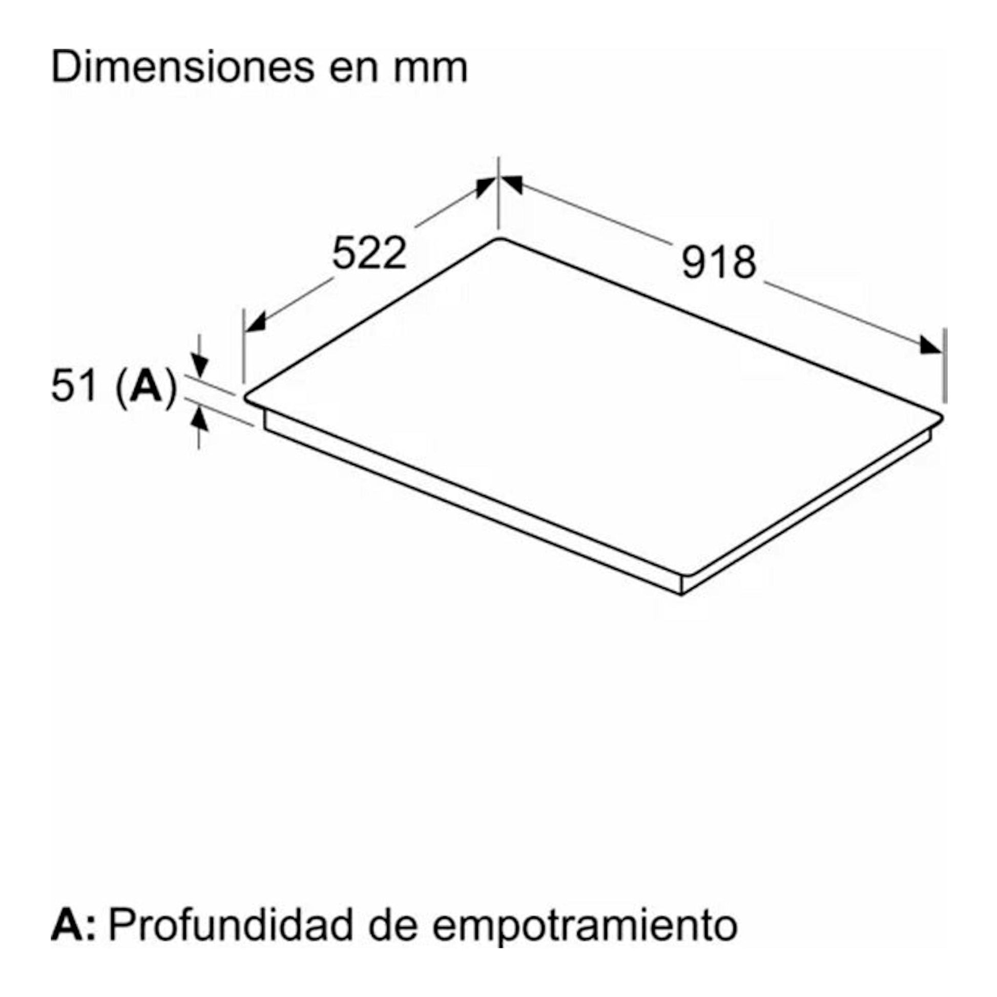 Diagrama técnico en blanco y negro de placa de inducción Balay 3EB997LH, vista isométrica, 918x522 mm, 51 mm.