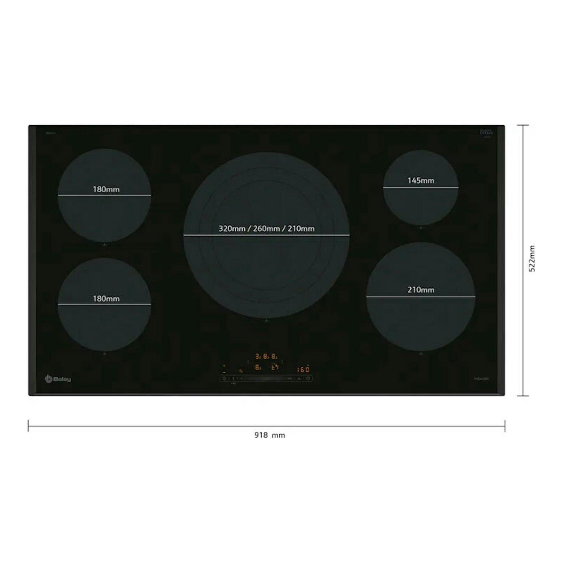 Placa de inducción Balay 3EB997LH negra, vista superior, cinco zonas y medidas 918 x 522 mm
