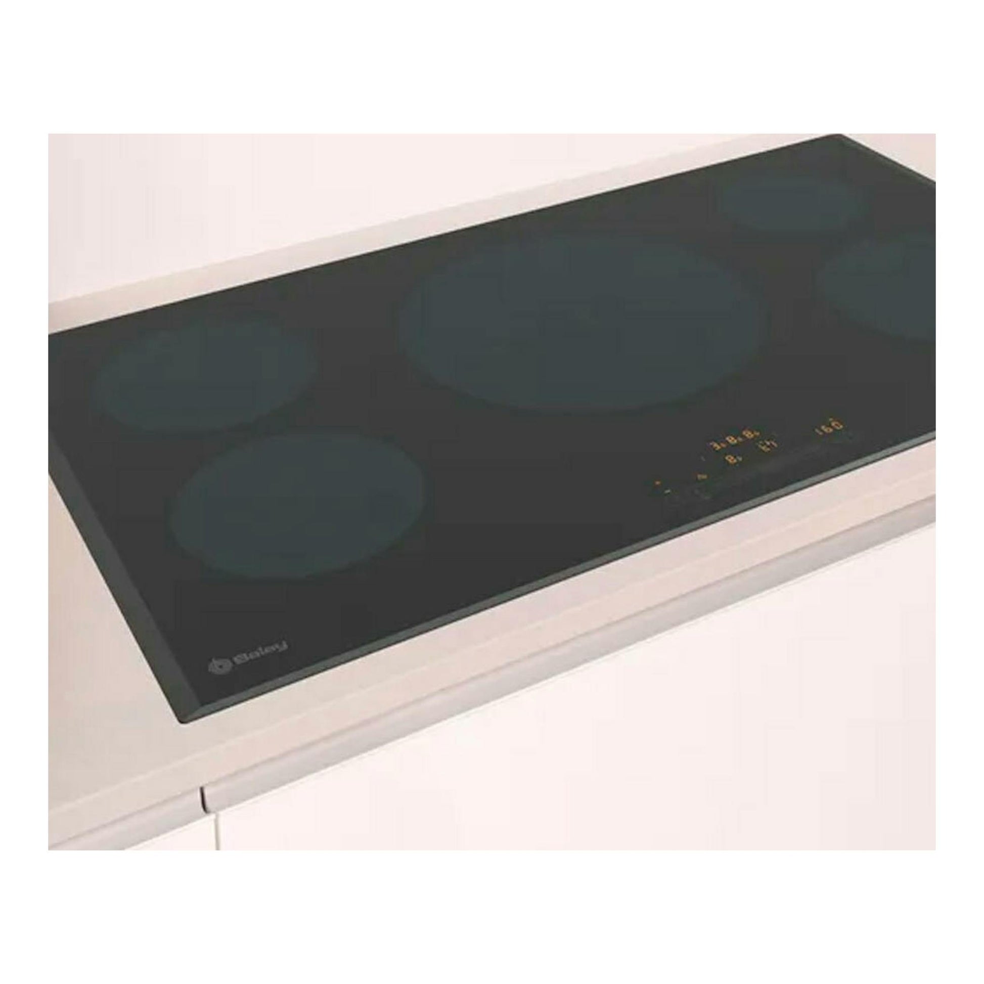 Placa de inducción Balay 3EB997LH negra, vista superior en ángulo, con controles táctiles iluminados.