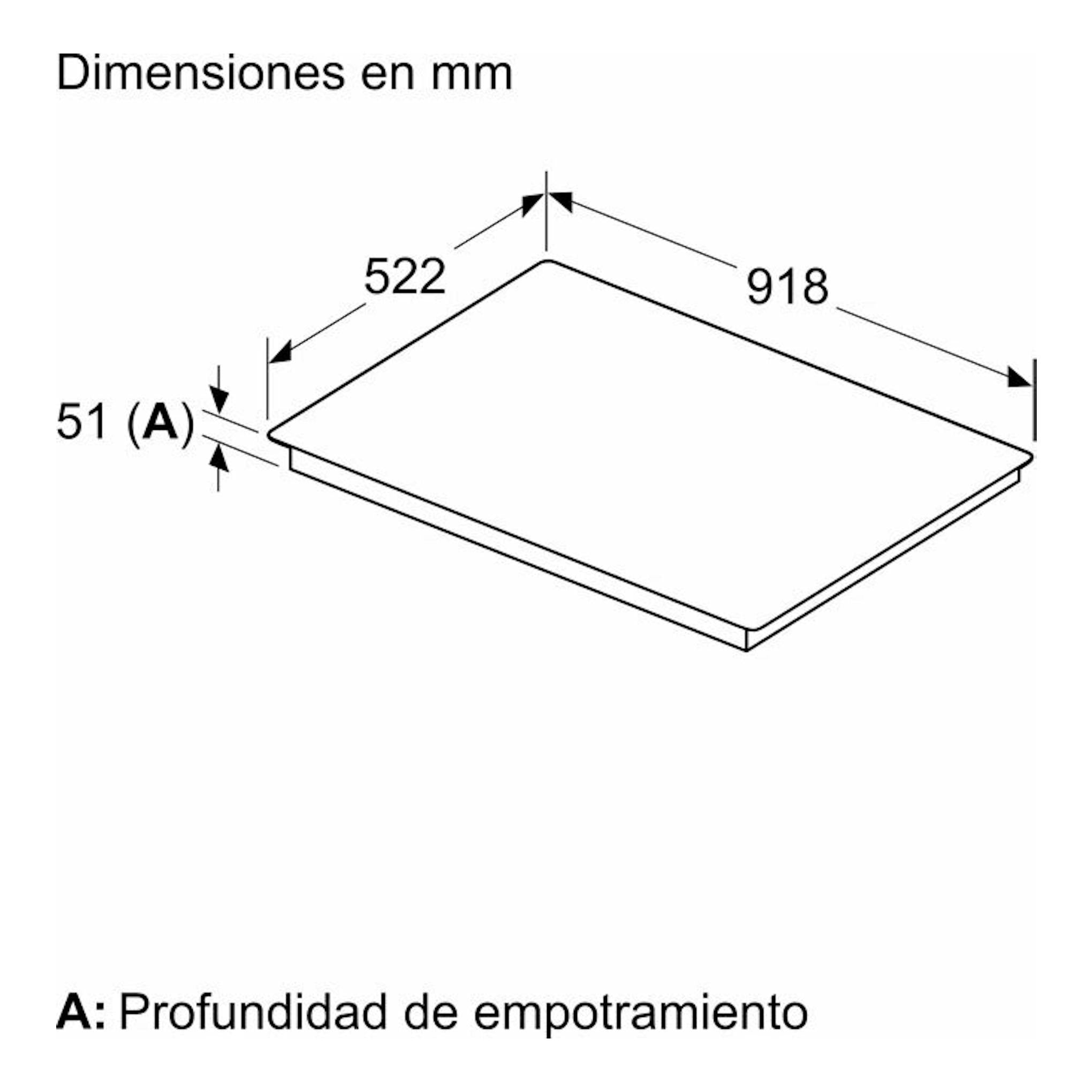 Dibujo técnico en vista isométrica de placa de inducción Balay 3EB999LH negra, 918 x 522 x 51 mm.