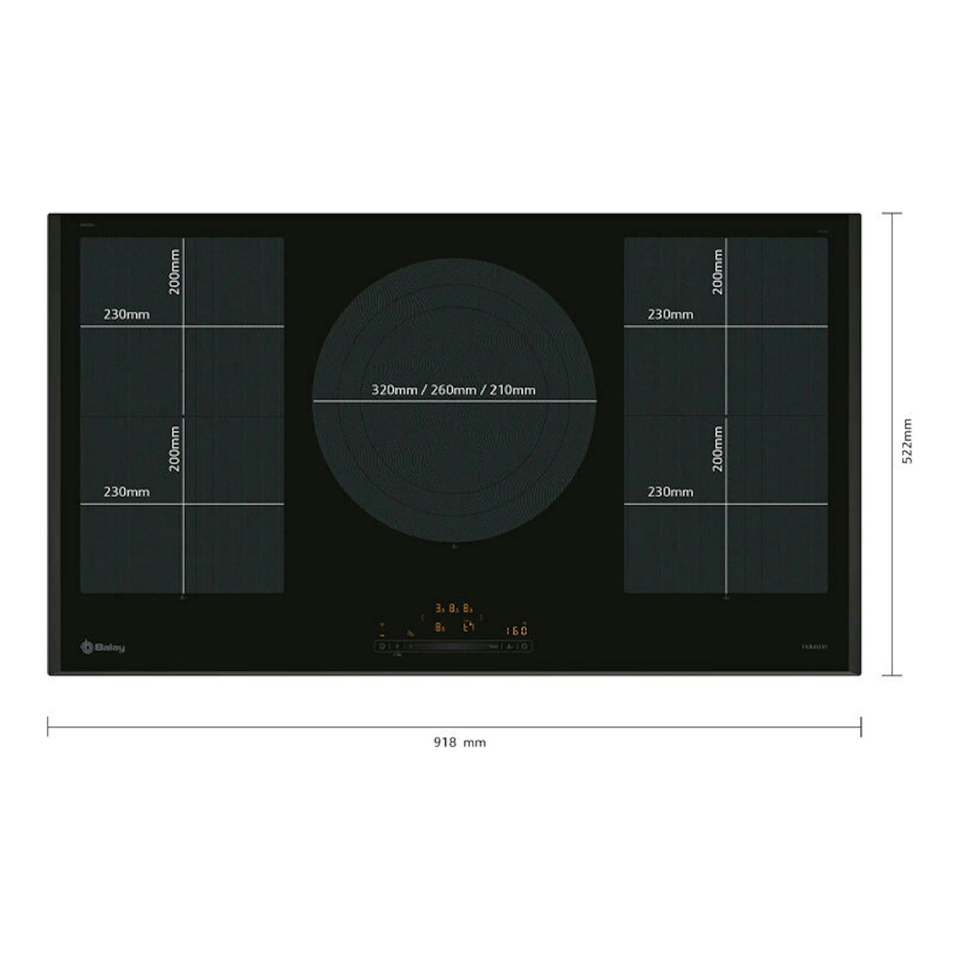 Placa de inducción Balay 3EB999LH negra, vista frontal, con medidas 918 x 522 mm.