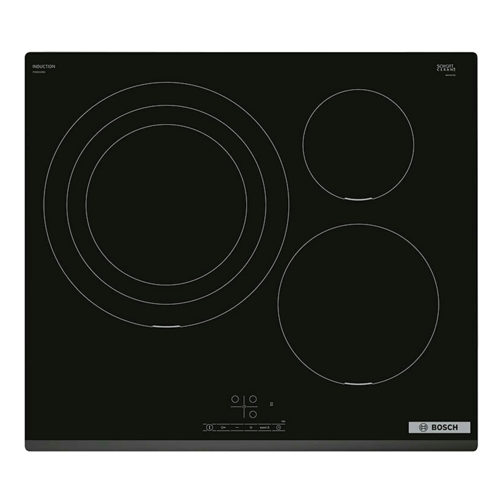 Placa de inducción Bosch PID631BB5E negra, vista superior, con tres zonas de cocción circulares.