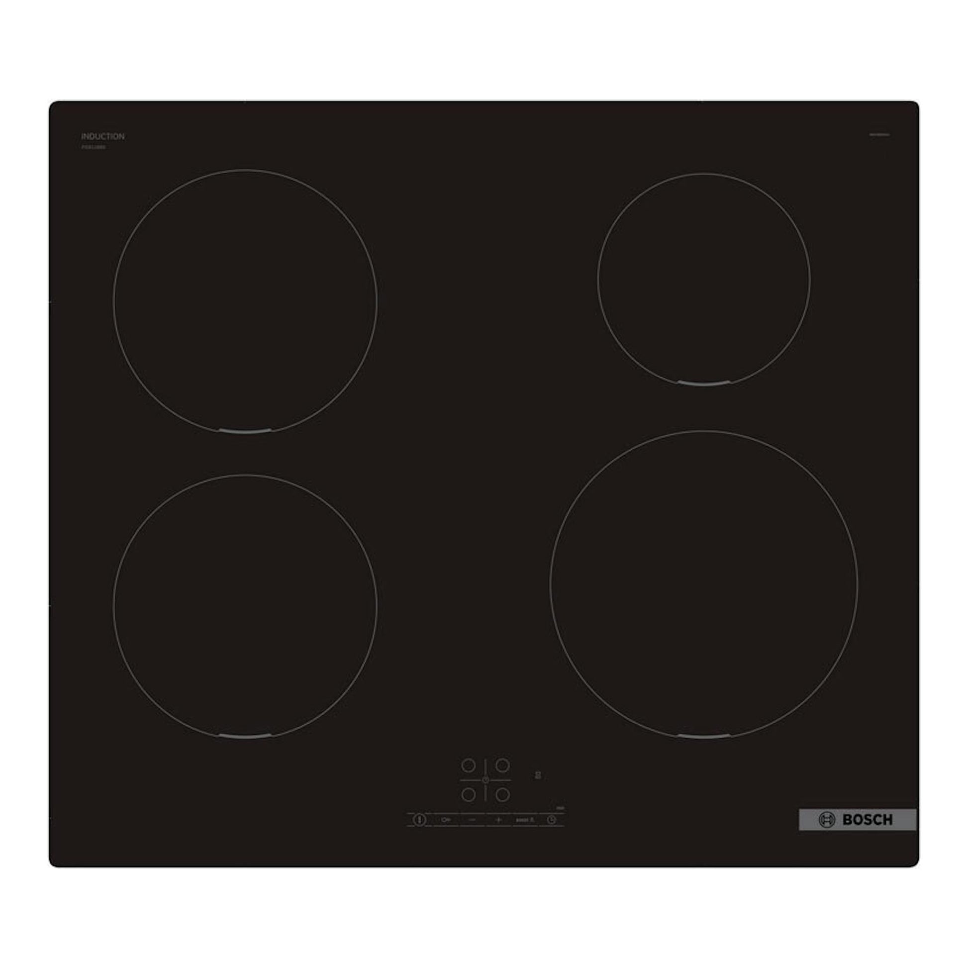 Placa de inducción Bosch PIE611BB5E negra, vista frontal superior, con cuatro zonas de cocción circulares.