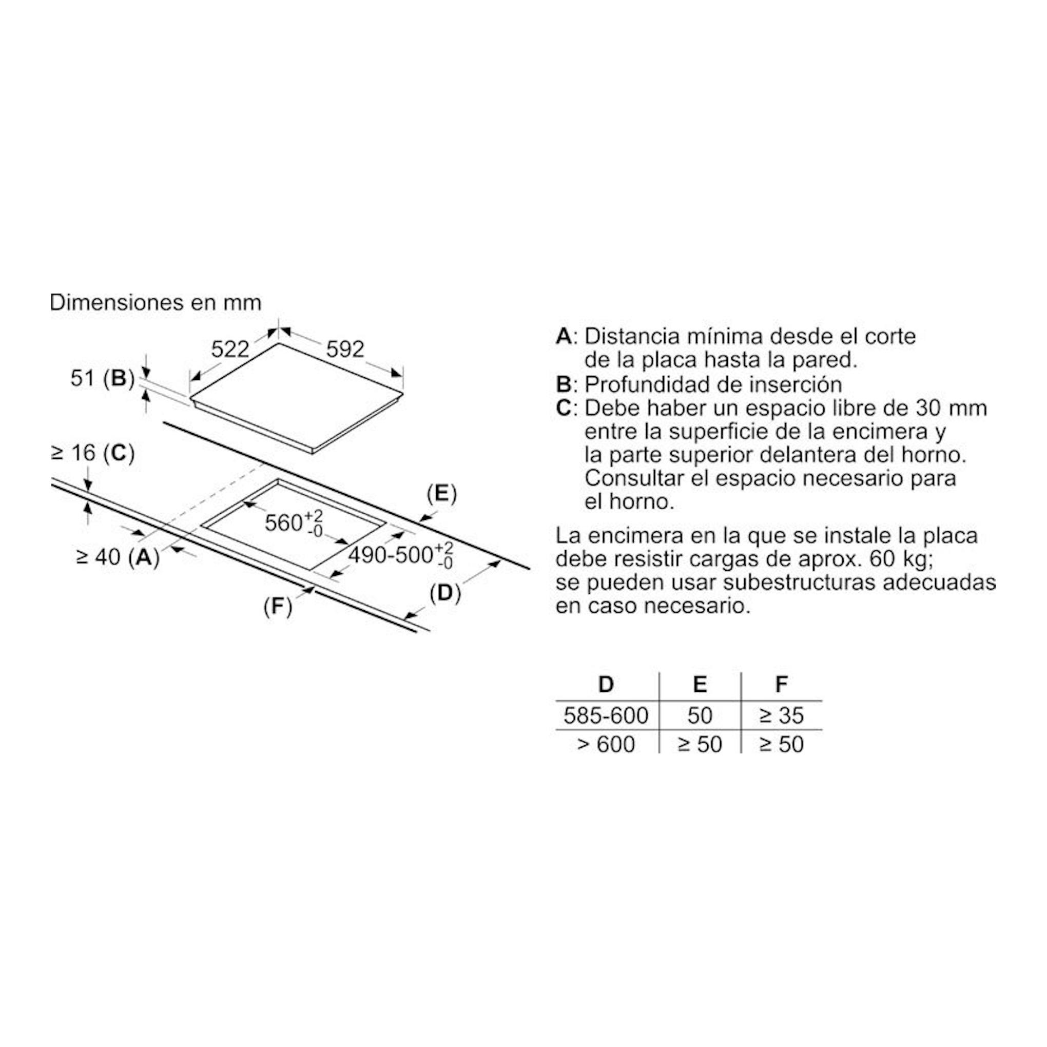 Bosch PIE611BB5E: esquema en blanco y negro de medidas de encastre de placa de inducción, vista técnica.