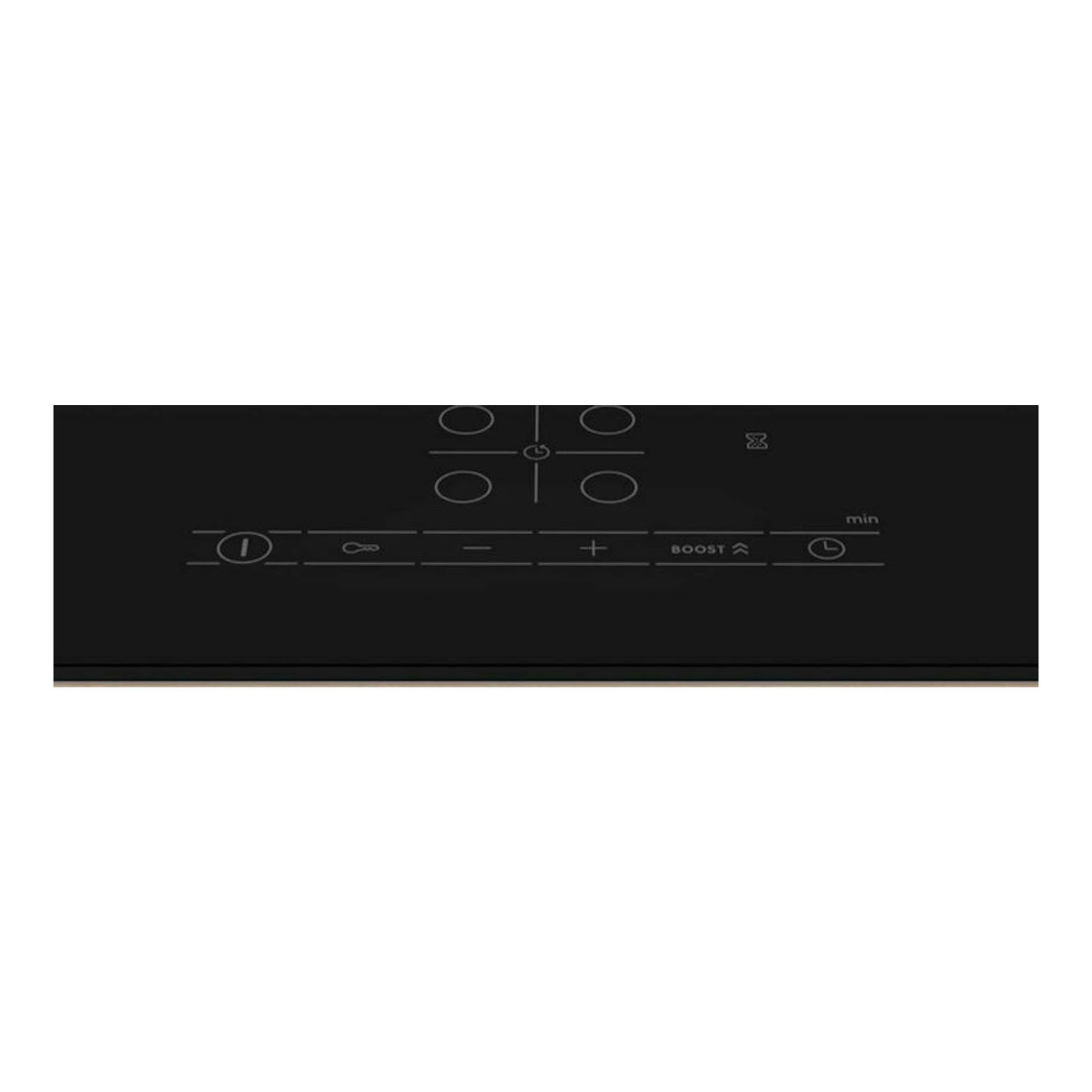 Placa de inducción Bosch PIE611BB5E negra, vista superior con mandos táctiles y zonas de cocción marcadas.