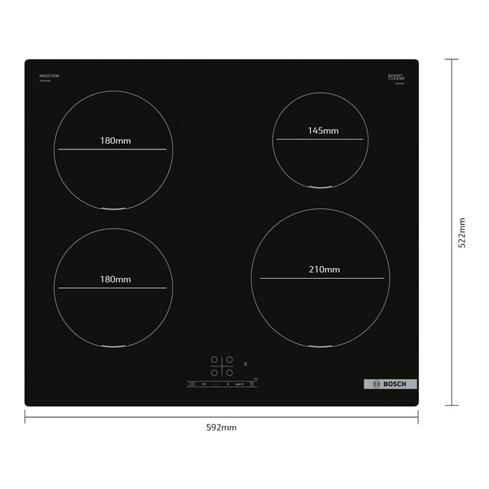 Placa de inducción Bosch PIE611BB5E negra, vista frontal, con 4 zonas circulares y panel táctil inferior.