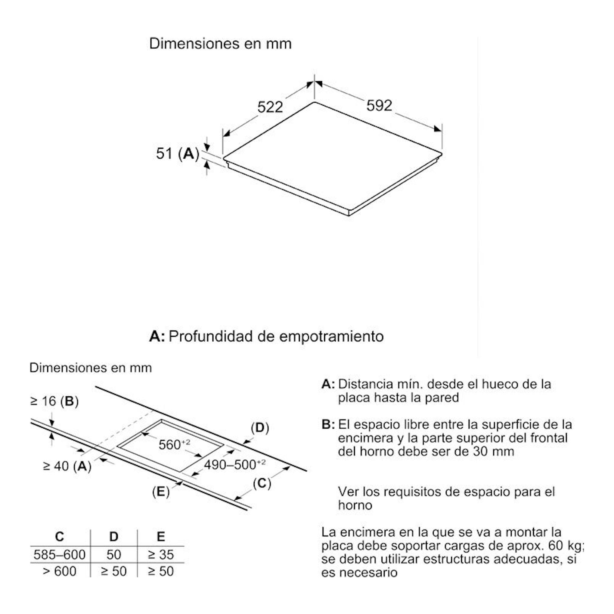 Diagrama técnico de la placa de inducción Bosch PIE631HC1E, con medidas de encastre en mm y vista isométrica.