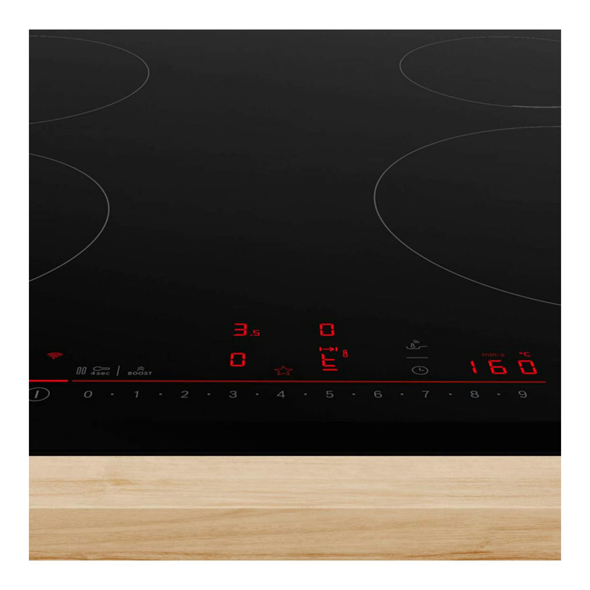 Placa de inducción Bosch PIE631HC1E negra, vista frontal, con controles táctiles y display rojo.