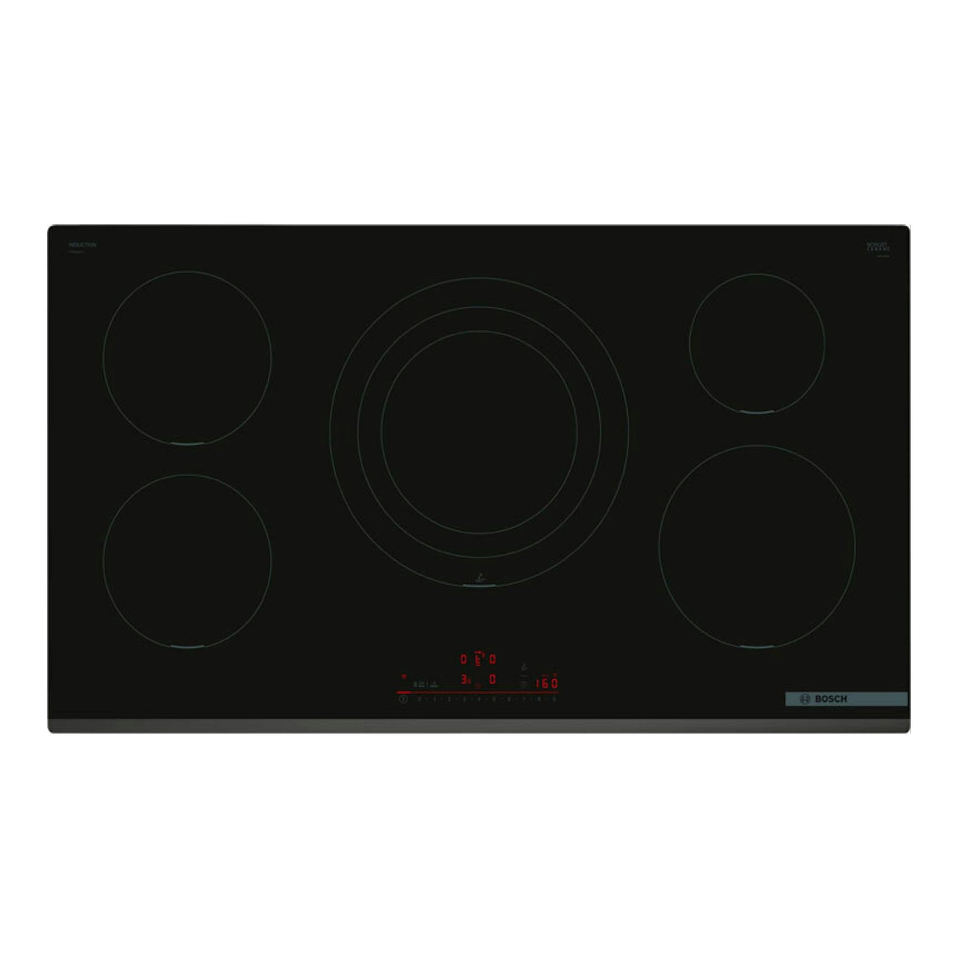 Placa de inducción Bosch PIV931HC1E negra, vista frontal, con cinco zonas de cocción.