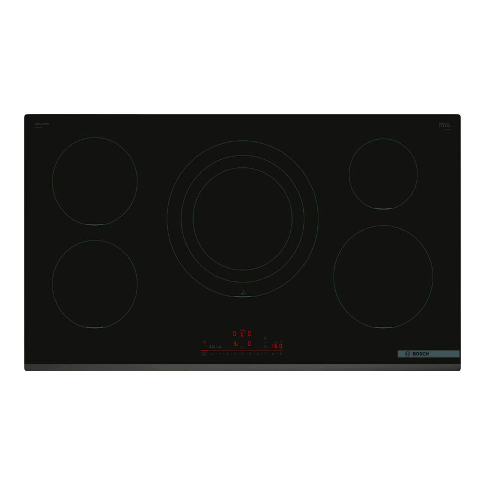 Placa de inducción Bosch PIV931HC1E negra, vista frontal, con cinco zonas de cocción.