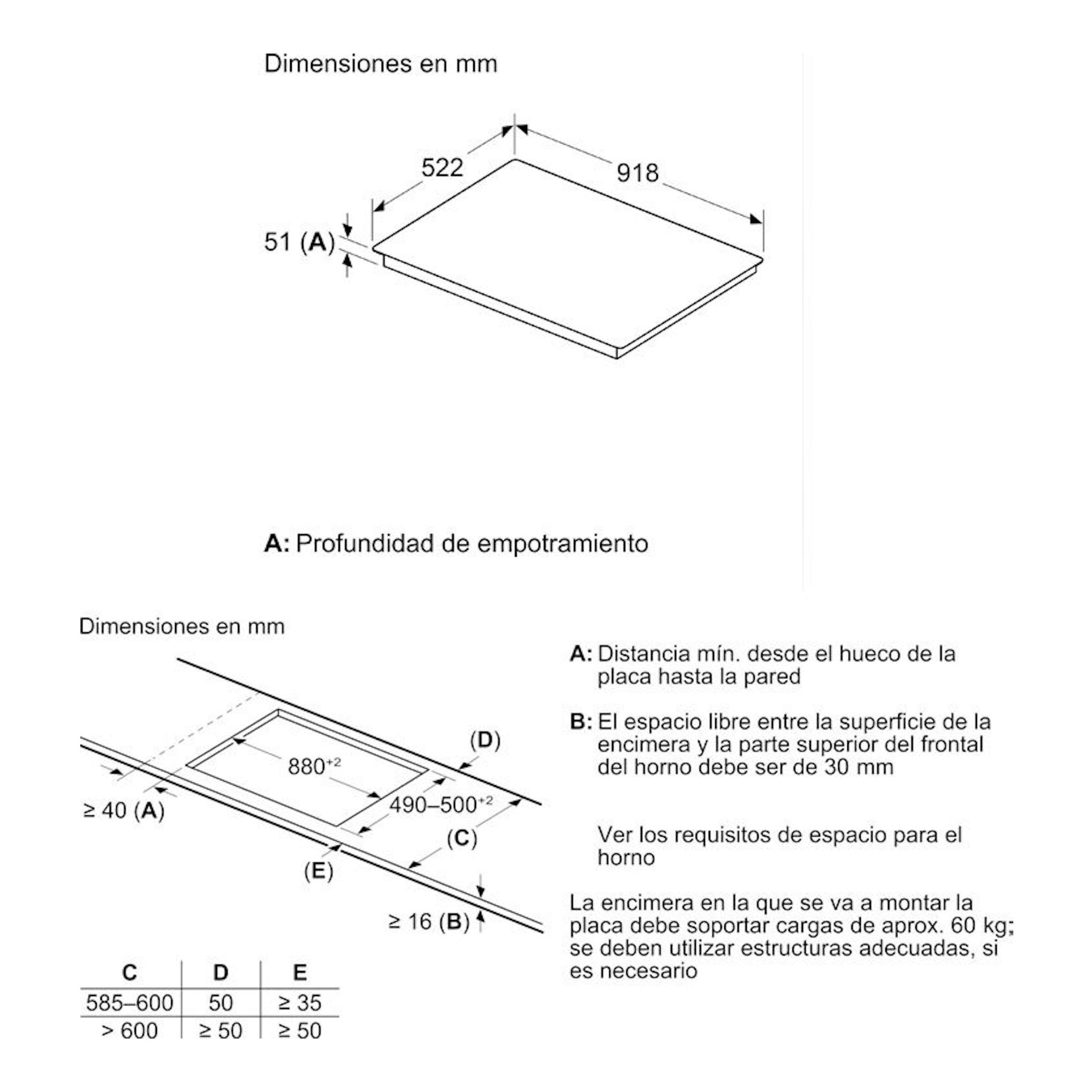 Bosch PIV931HC1E: esquema técnico en vista isométrica con medidas de encastre de placa inducción, 918x522 mm.