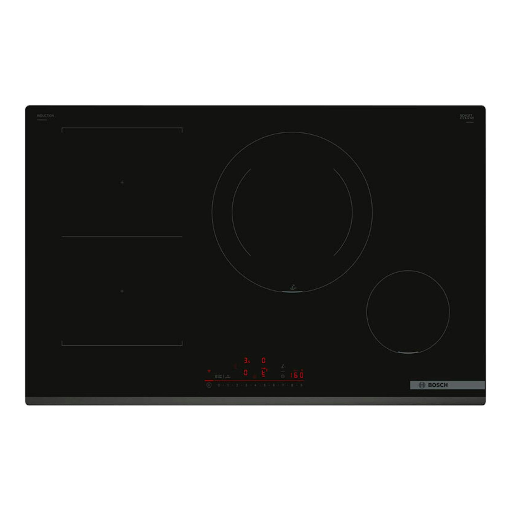 Placa de inducción Bosch PVS831HC1E negra, vista superior, con tres zonas de cocción.