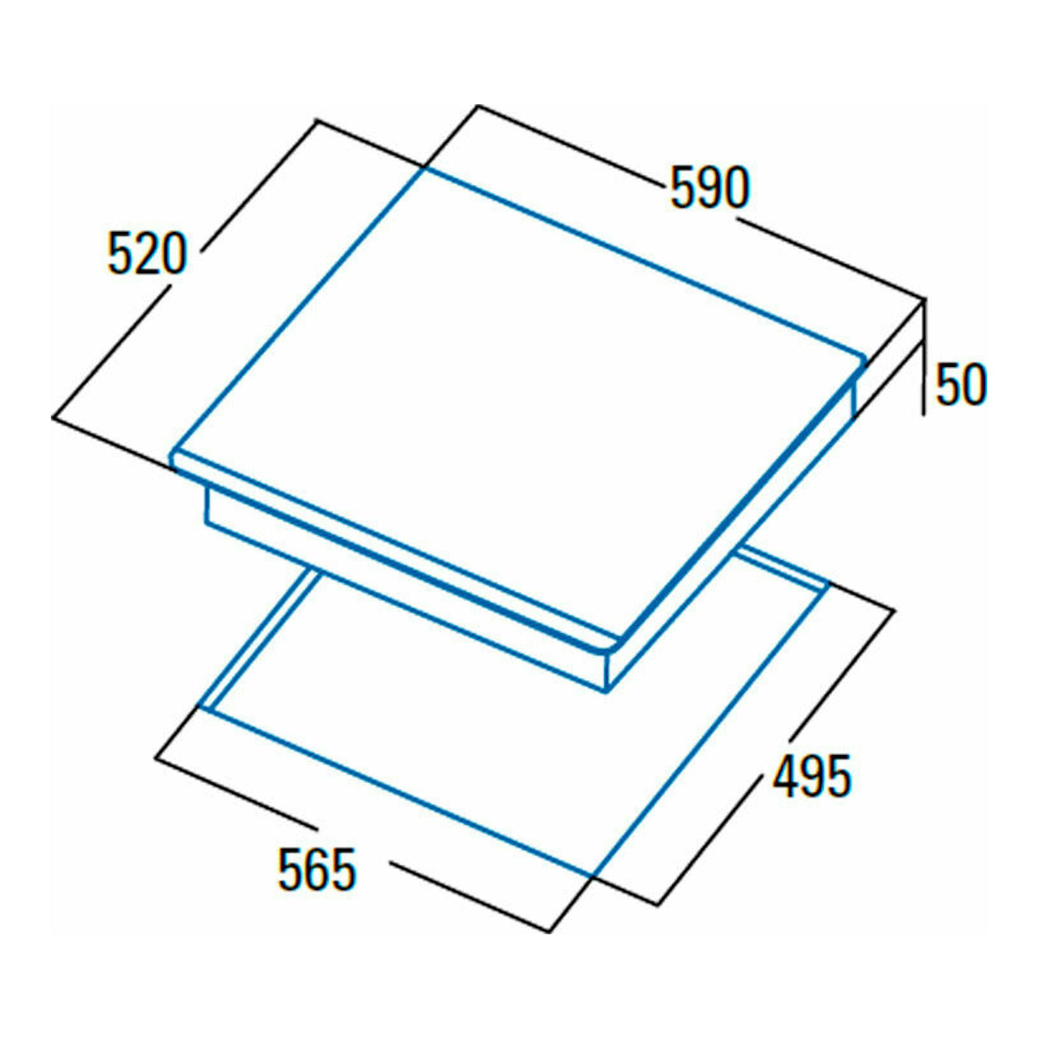 Esquema isométrico de placa de inducción Cata GIGA600SD, negra, con medidas 590x520 y encastre 565x495 mm.