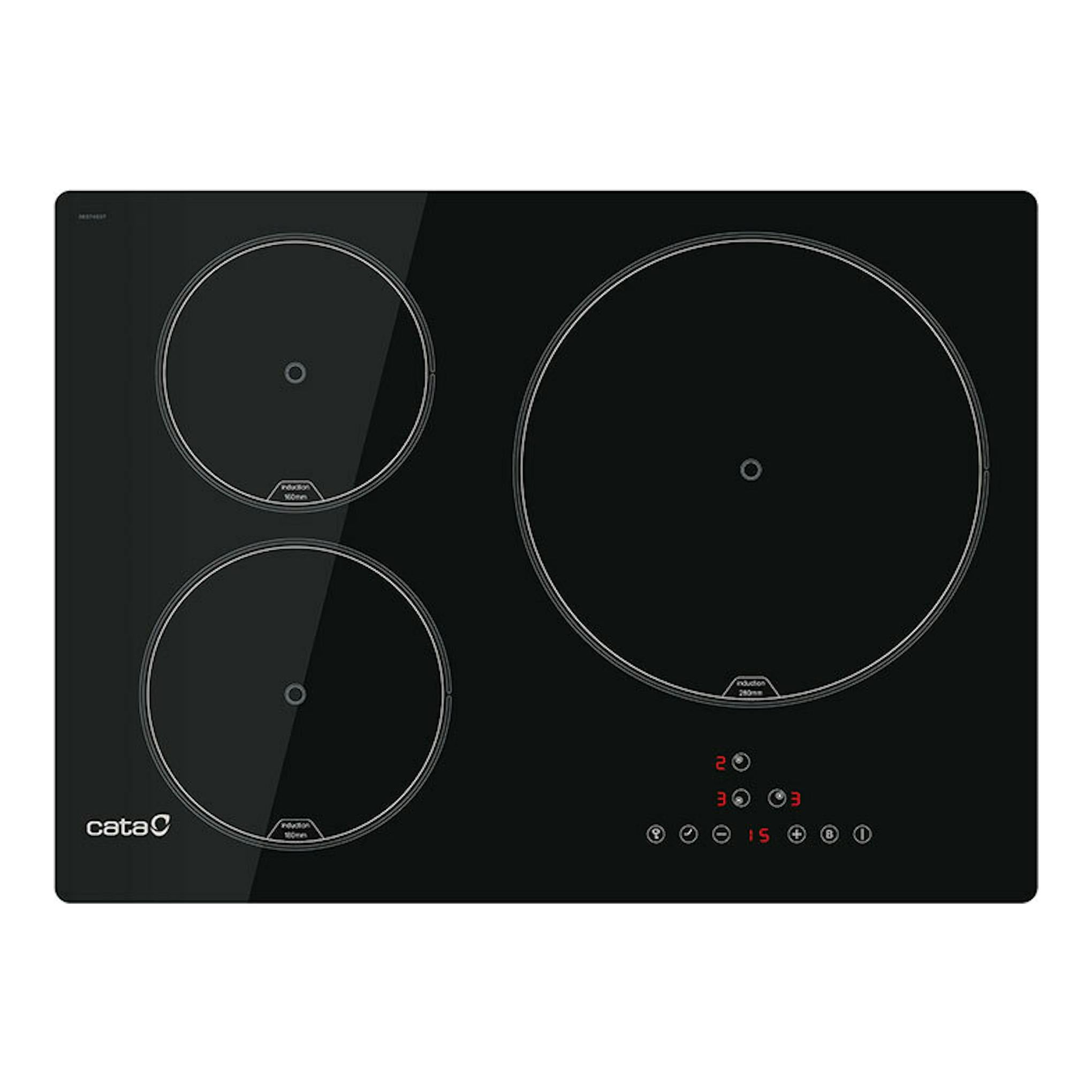 Placa de inducción Cata IB5003BK negra, vista superior, con tres zonas de cocción y panel táctil.