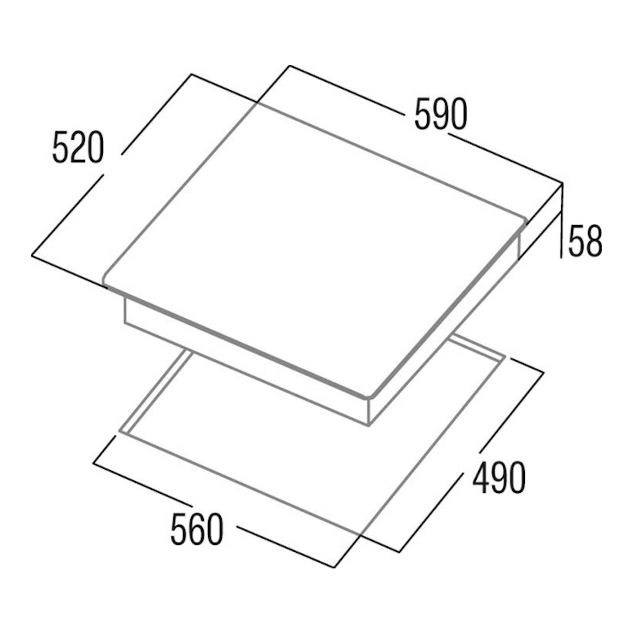 Cata IB6303E2BK: esquema de placa de inducción negra con medidas 590x520x58 mm y hueco 560x490 mm.