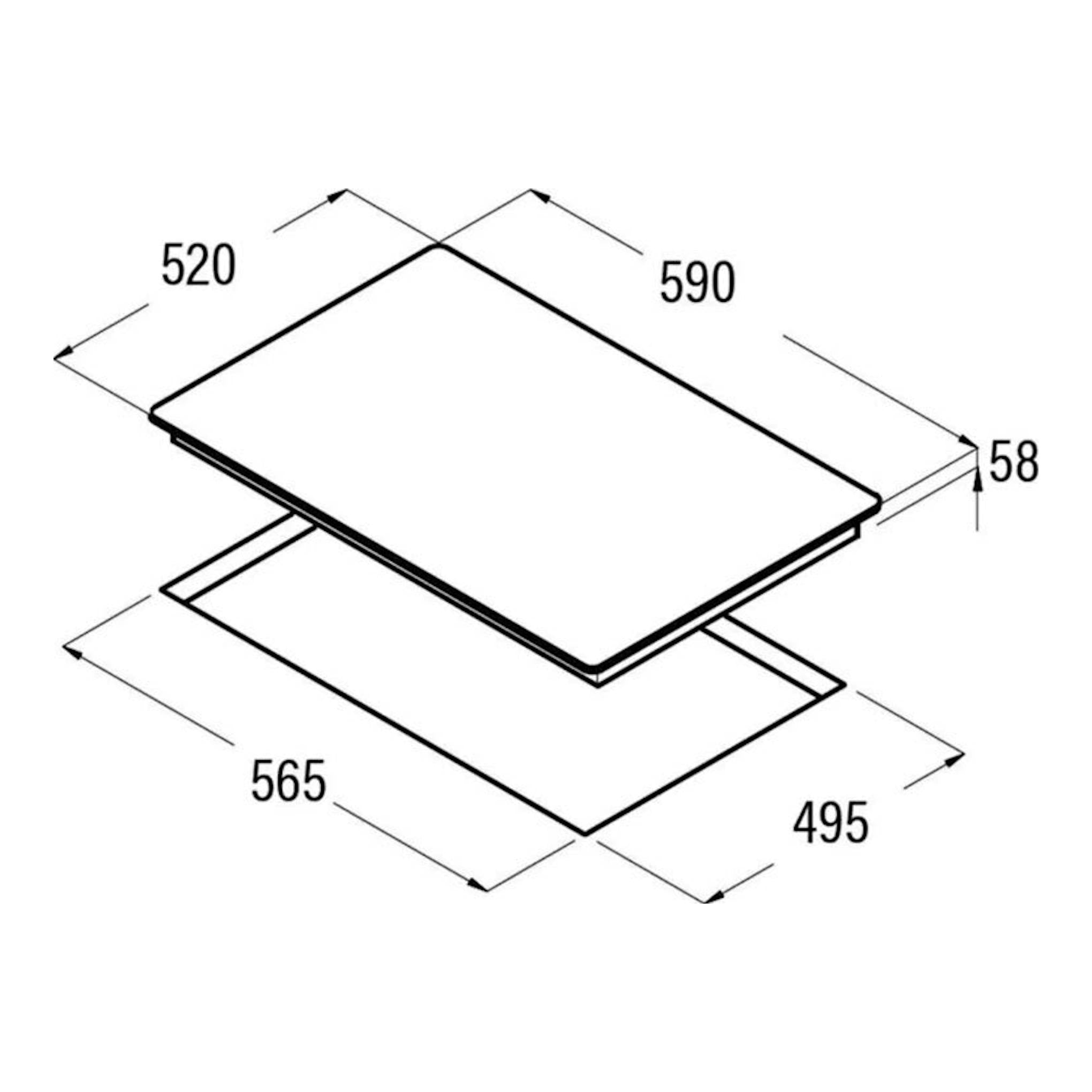 Cata IB6403E2 BK: placa de inducción negra en vista isométrica con medidas 590 x 520 x 58 mm.