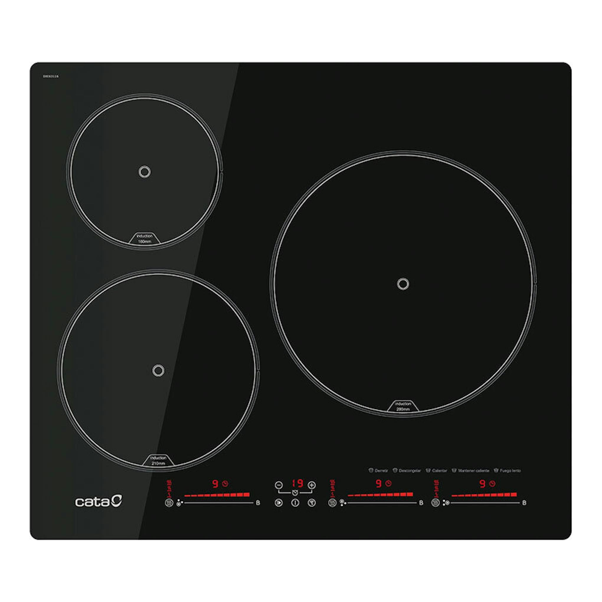 Placa de inducción Cata IBS6303E2BK negra, vista superior, con tres zonas circulares.