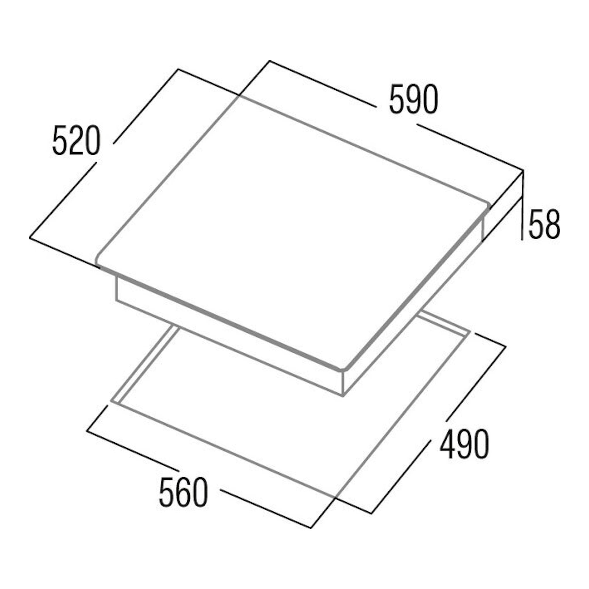 Esquema técnico de placa de inducción Cata IBS6303E2BK negra, vista isométrica, con medidas 590x520x58 mm.