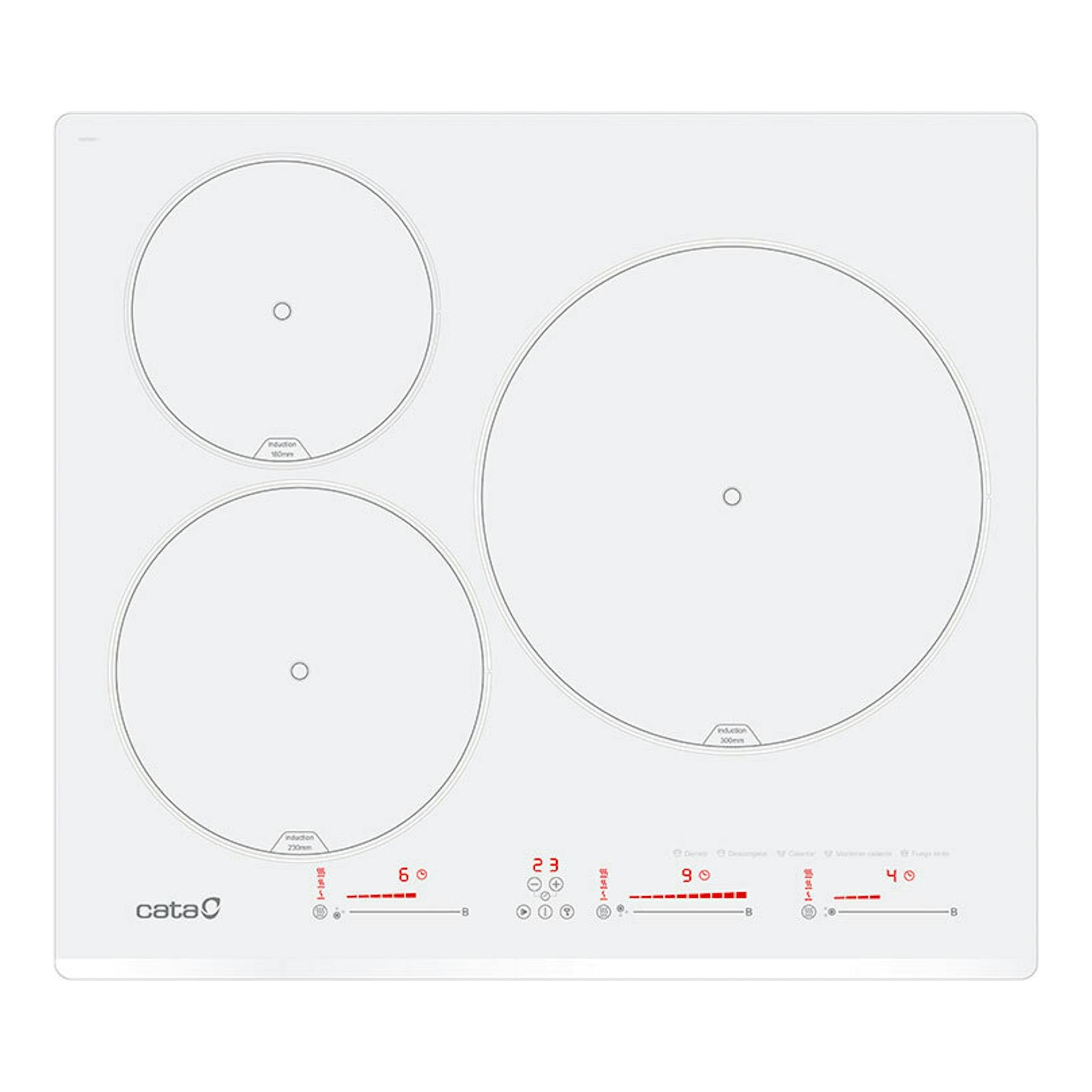 Placa de inducción Cata INSB6003E2WH blanca de 60 cm, vista superior, con tres zonas circulares.