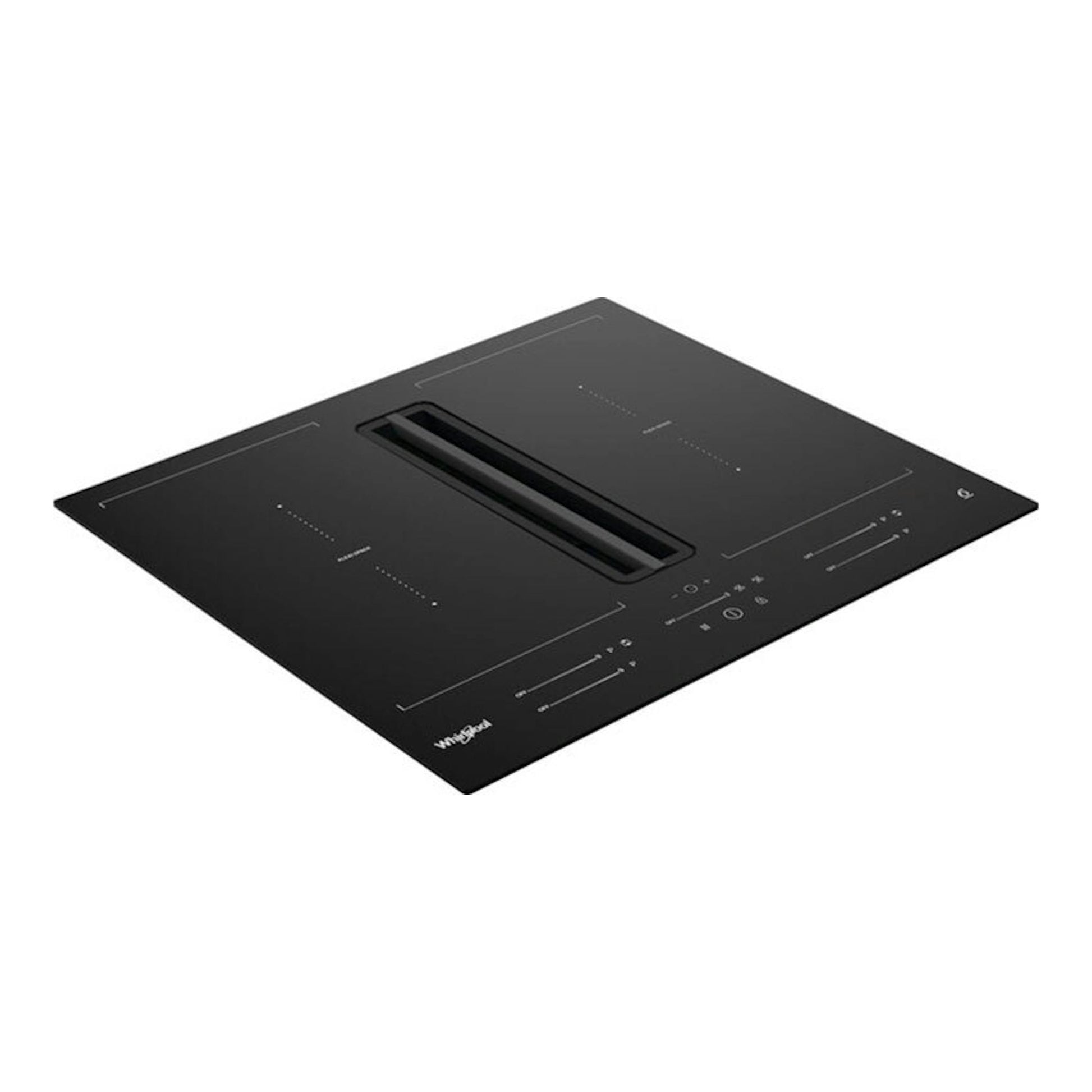 Placa de inducción negra Whirlpool WVH60FFB01 con campana integrada, vista en ángulo sobre fondo blanco.