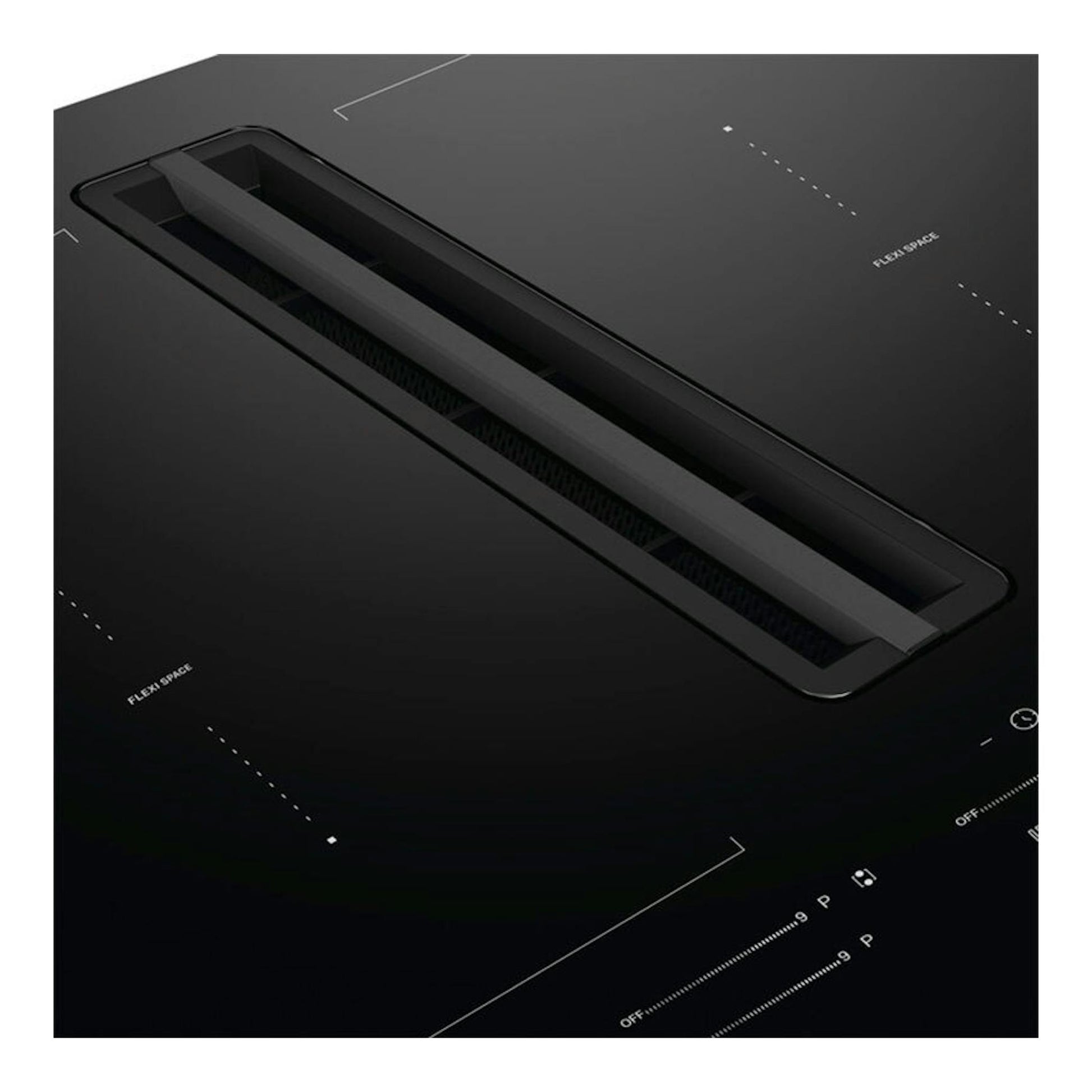 Placa de inducción negra Whirlpool WVH60FFB01 con campana integrada, vista oblicua.