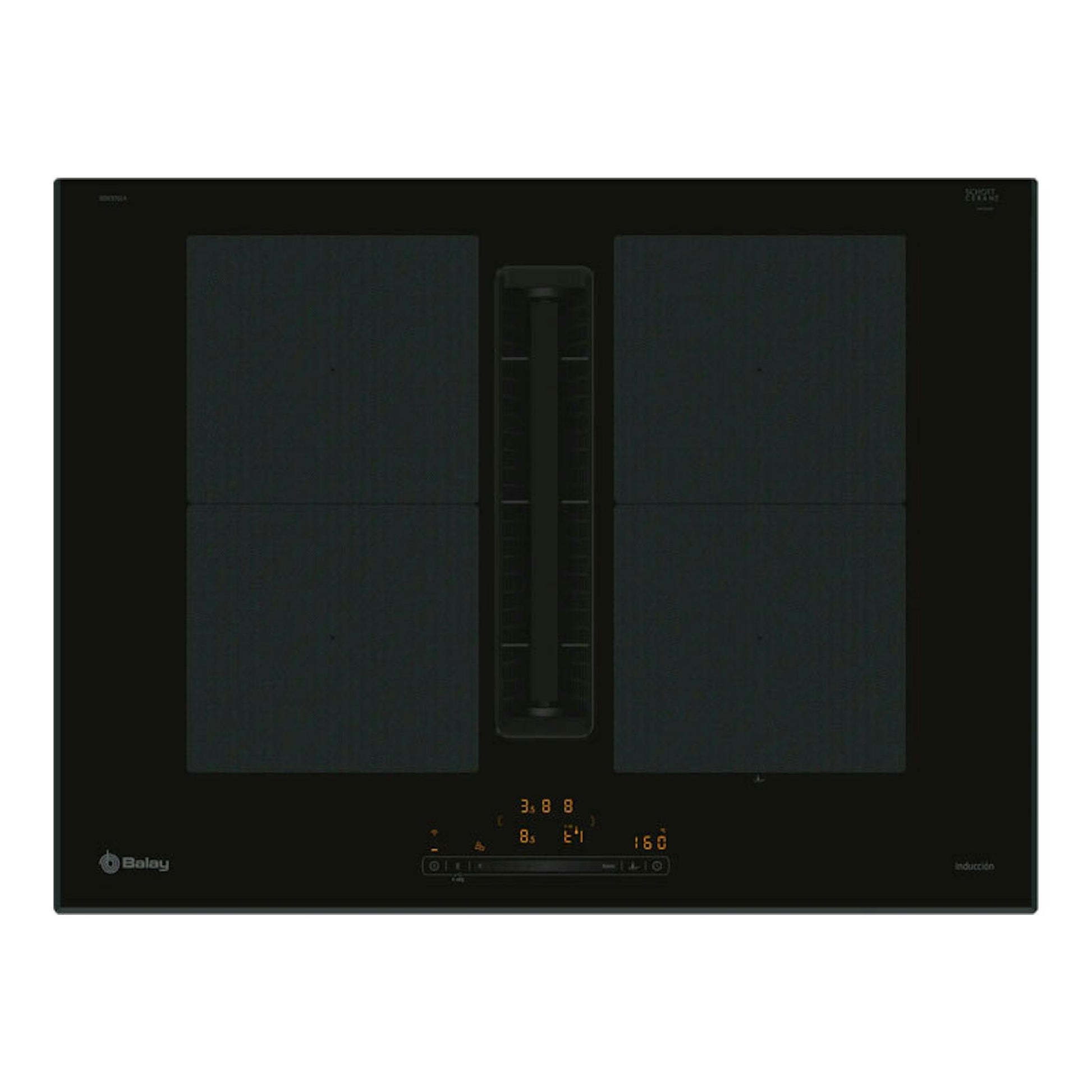 Placa de inducción Balay 3EBC976LH negra, vista frontal, con extractor central integrado, 70 cm.