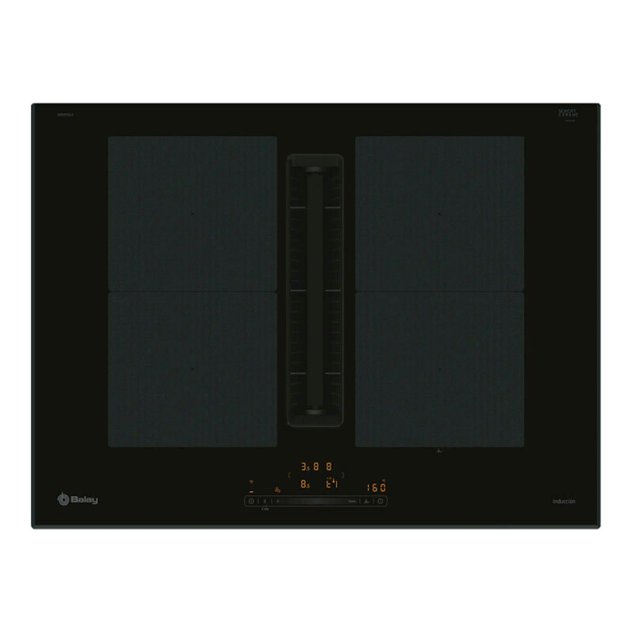 Placa de inducción Balay 3EBC976LH negra, vista frontal, con extractor central integrado, 70 cm.