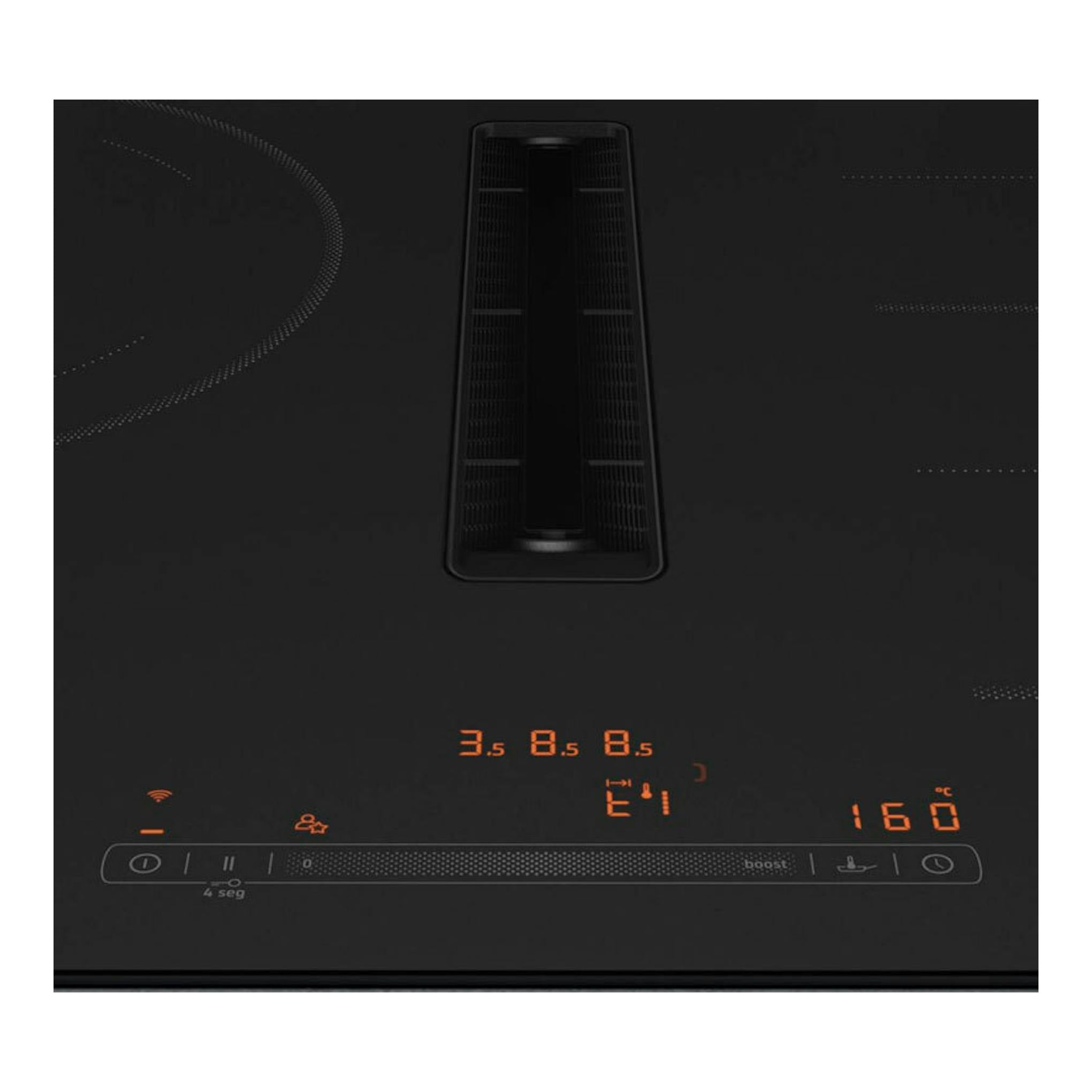 Placa de inducción Balay 3EBC989MH negra, vista frontal, con extractor central y controles táctiles iluminados.