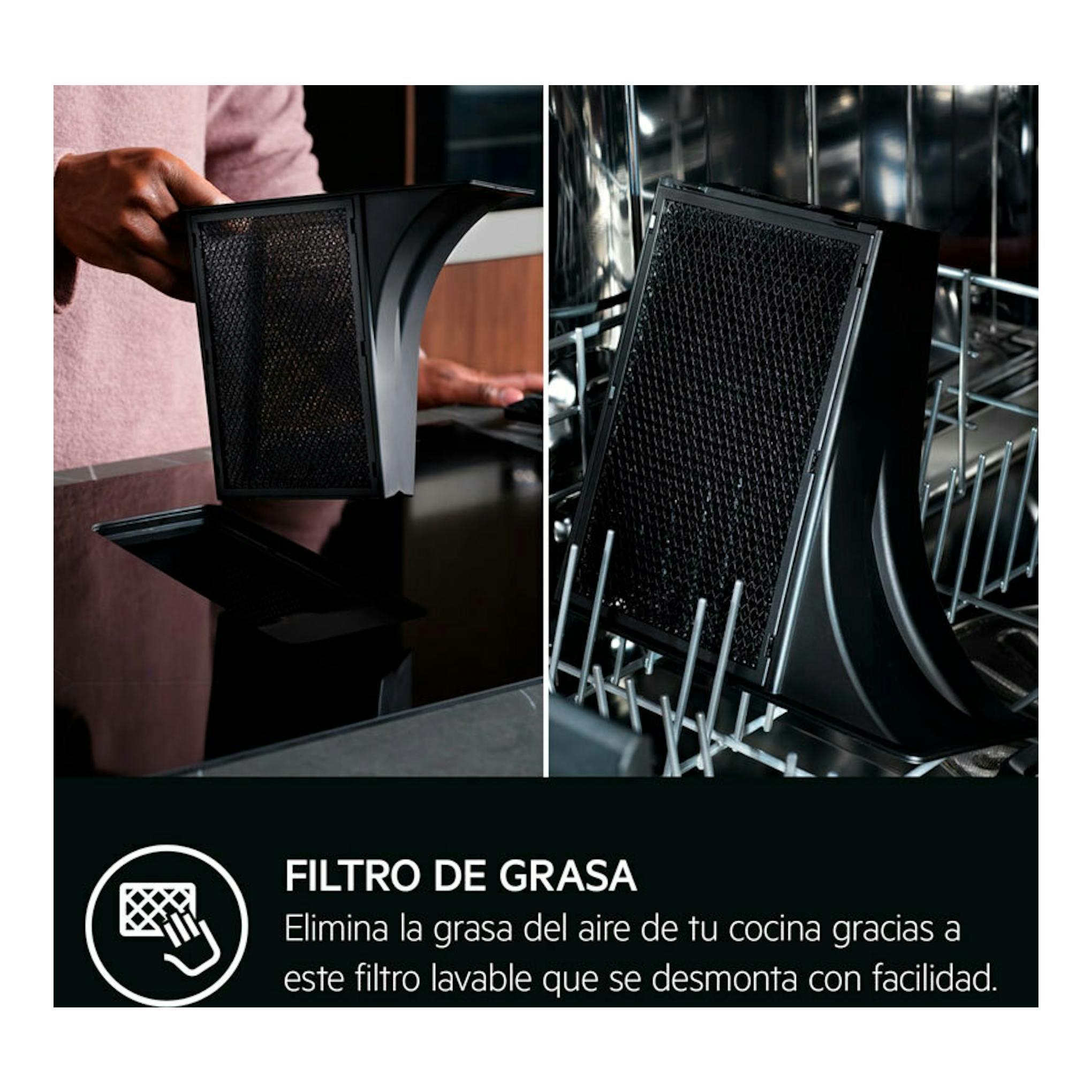 Filtro de grasa negro extraíble de una placa de inducción con extractor, visto en primer plano.